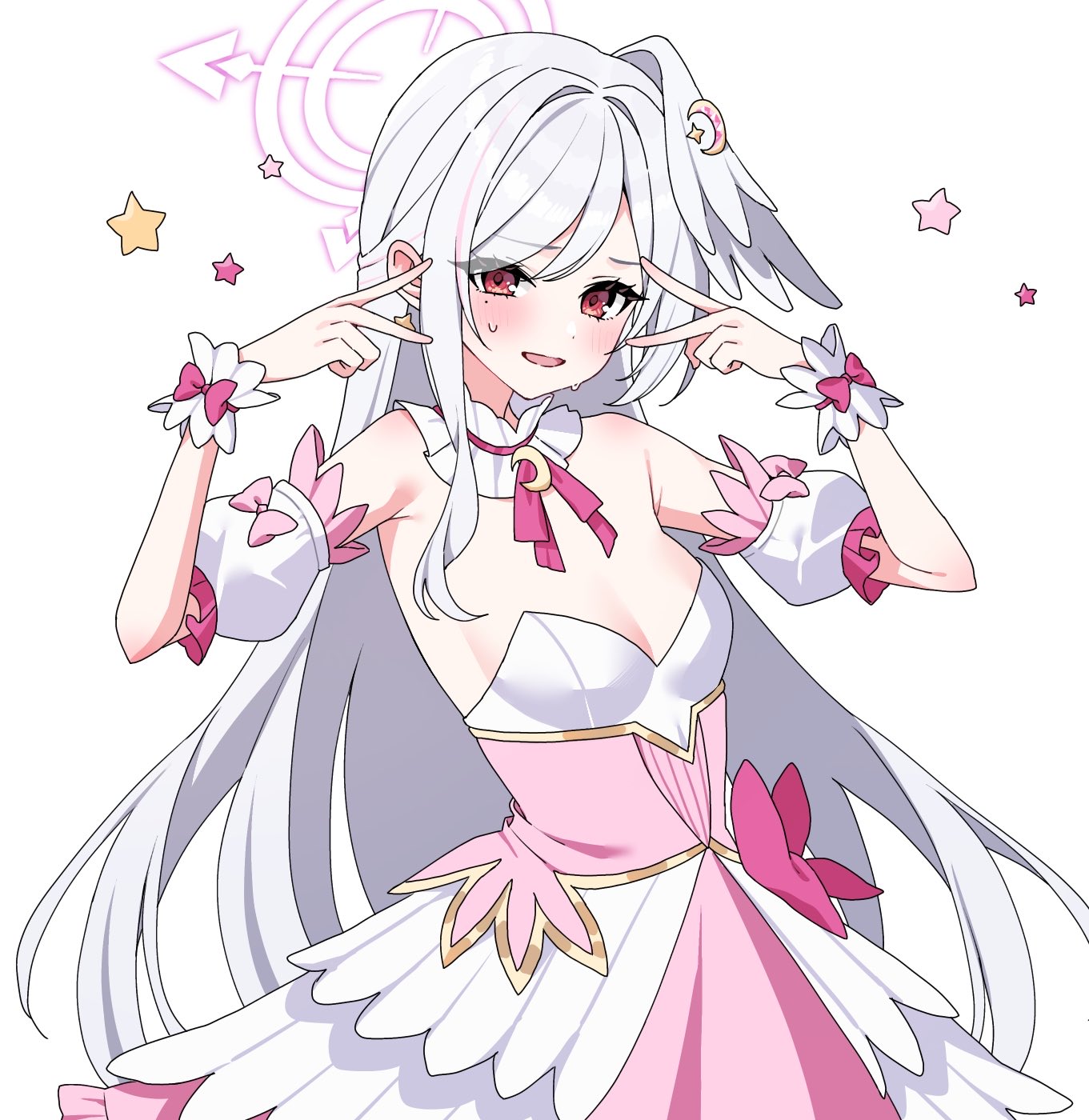 hayami kaname, suzumi (blue archive), blue archive, highres, 1girl, double v, grey wings, halo, head wings, magical girl, moon (ornament), official alternate costume, purple halo, single head wing, single wing, solo, star ornament, suzumi (magical) (blue archive), v, wing ornament, wings