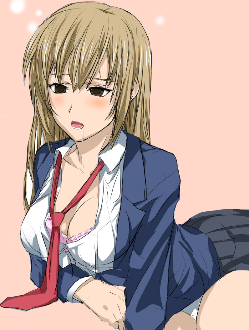 fura, minami haruka, minami-ke, 00s, 1girl, blush, breasts, brown hair, cleavage, empty eyes, female focus, long hair, necktie, open clothes, open mouth, open shirt, panties, pantyshot, saliva, school uniform, shirt, solo, underwear