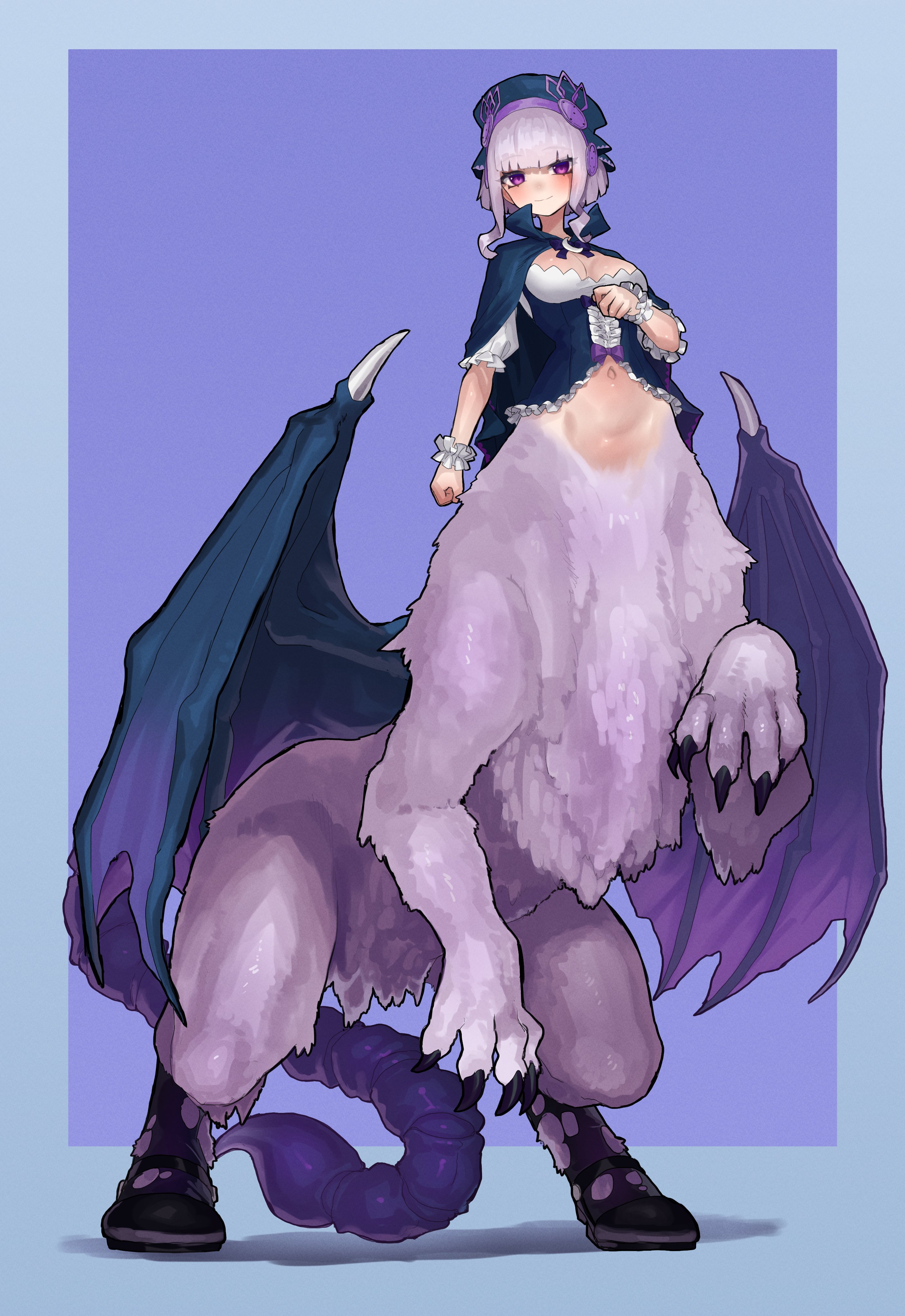 ekrea jan, original, absurdres, highres, 1girl, bat wings, breasts, cape, centauroid, chimera, claws, cleavage, dragon girl, hat, hooves, light smile, long sidelocks, looking at viewer, medium breasts, monster girl, navel, purple background, purple eyes, scorpion tail, sidelocks, tail, taur, white hair, wings, wrist cuffs
