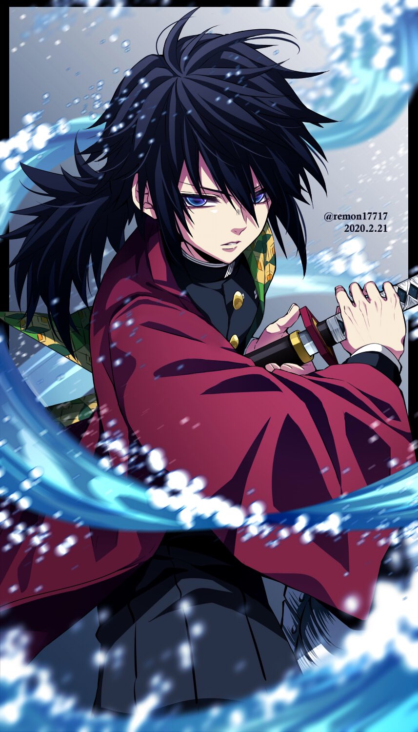 remon17717, tomioka giyuu, kimetsu no yaiba, highres, 1boy, black hair, black jacket, black pants, blue eyes, buttons, demon slayer uniform, gold buttons, hair between eyes, haori, high collar, holding, holding sword, holding weapon, jacket, japanese clothes, katana, kikkoumon, looking at viewer, low ponytail, male focus, pants, parted lips, ponytail, print haori, red haori, solo, spiked hair, sword, teeth, water, weapon