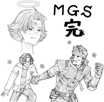 tachibana subaru, hal emmerich, meryl silverburgh, solid snake, metal gear (series), metal gear solid, lowres, 1girl, 2boys, angry, bad end, bandana, death, greyscale, halo, monochrome, multiple boys, sketch, yaoi