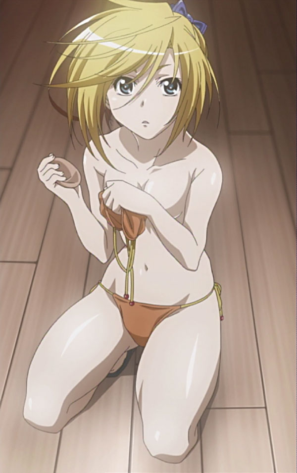 ikaruga ayame, asu no yoichi, anime screenshot, stitched, third-party edit, 00s, barefoot, bikini, blonde hair, covering breasts, covering privates, feet, kneeling, short hair, solo, swimsuit, topless female