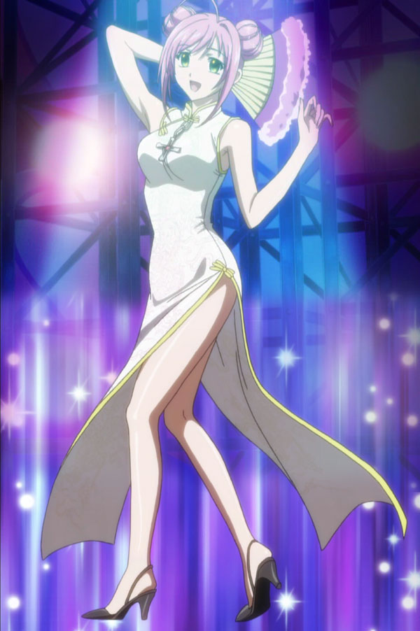 akashiya moka, rosario+vampire, anime screenshot, stitched, third-party edit, 00s, 1girl, china dress, chinese clothes, double bun, dress, female focus, green eyes, hair bun, hand fan, high heels, legs, long legs, pink hair, shoes, side slit, solo