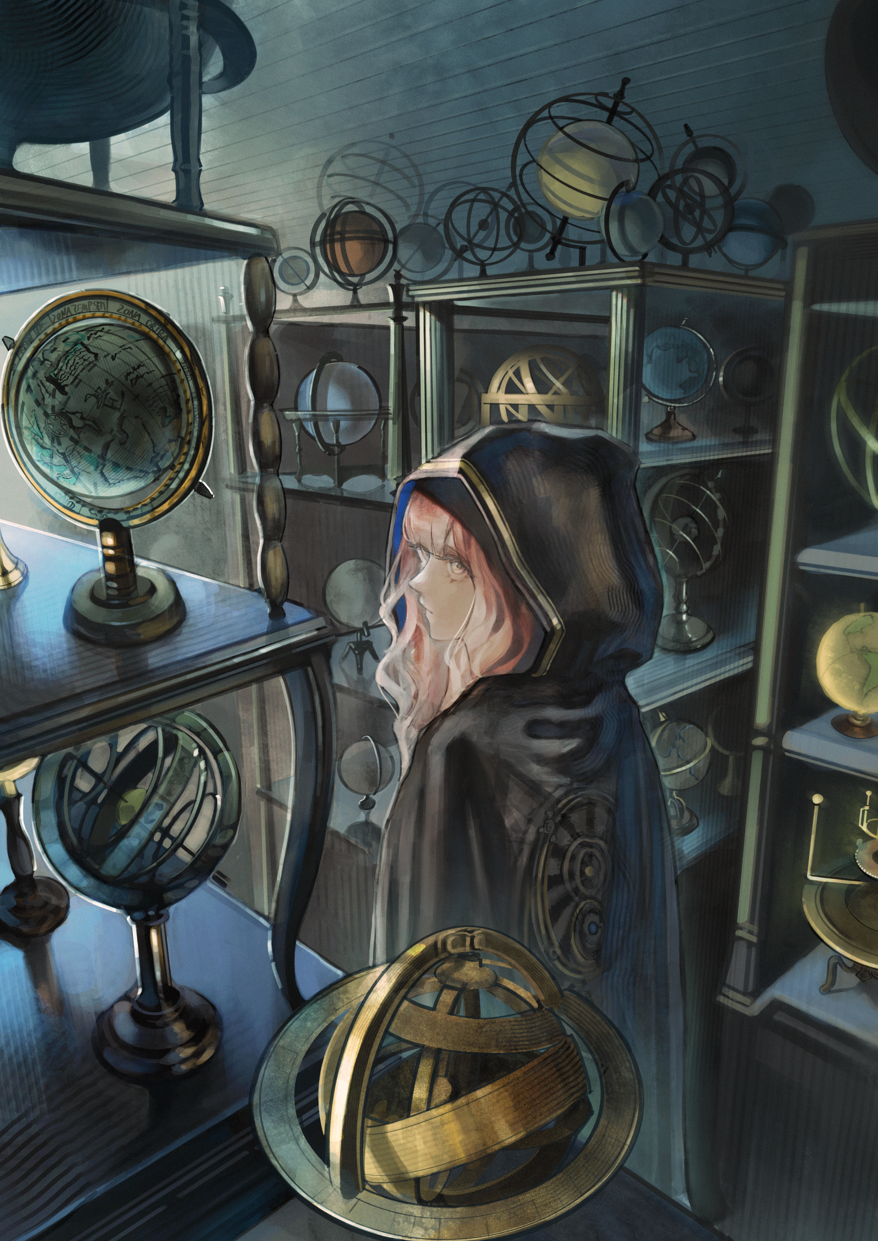 ttea arts01, absurdres, highres, tagme, 1girl, antique (merc storia), armillary sphere, cape, celestial globe, cloak, expressionless, globe, hood, hoodie, pink eyes, pink hair