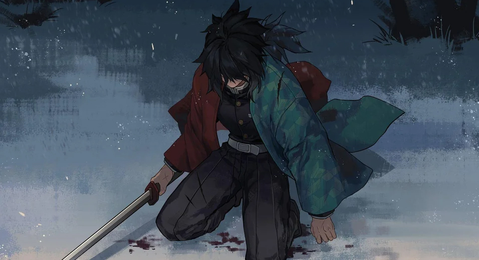 tomioka giyuu, kimetsu no yaiba, 1boy, belt, black hair, black jacket, black pants, blood, buttons, demon slayer uniform, gold buttons, haori, high collar, holding, holding sword, holding weapon, jacket, japanese clothes, katana, kikkoumon, kneeling, low ponytail, male focus, pants, ponytail, print haori, red haori, solo, spiked hair, sword, weapon, whd5er