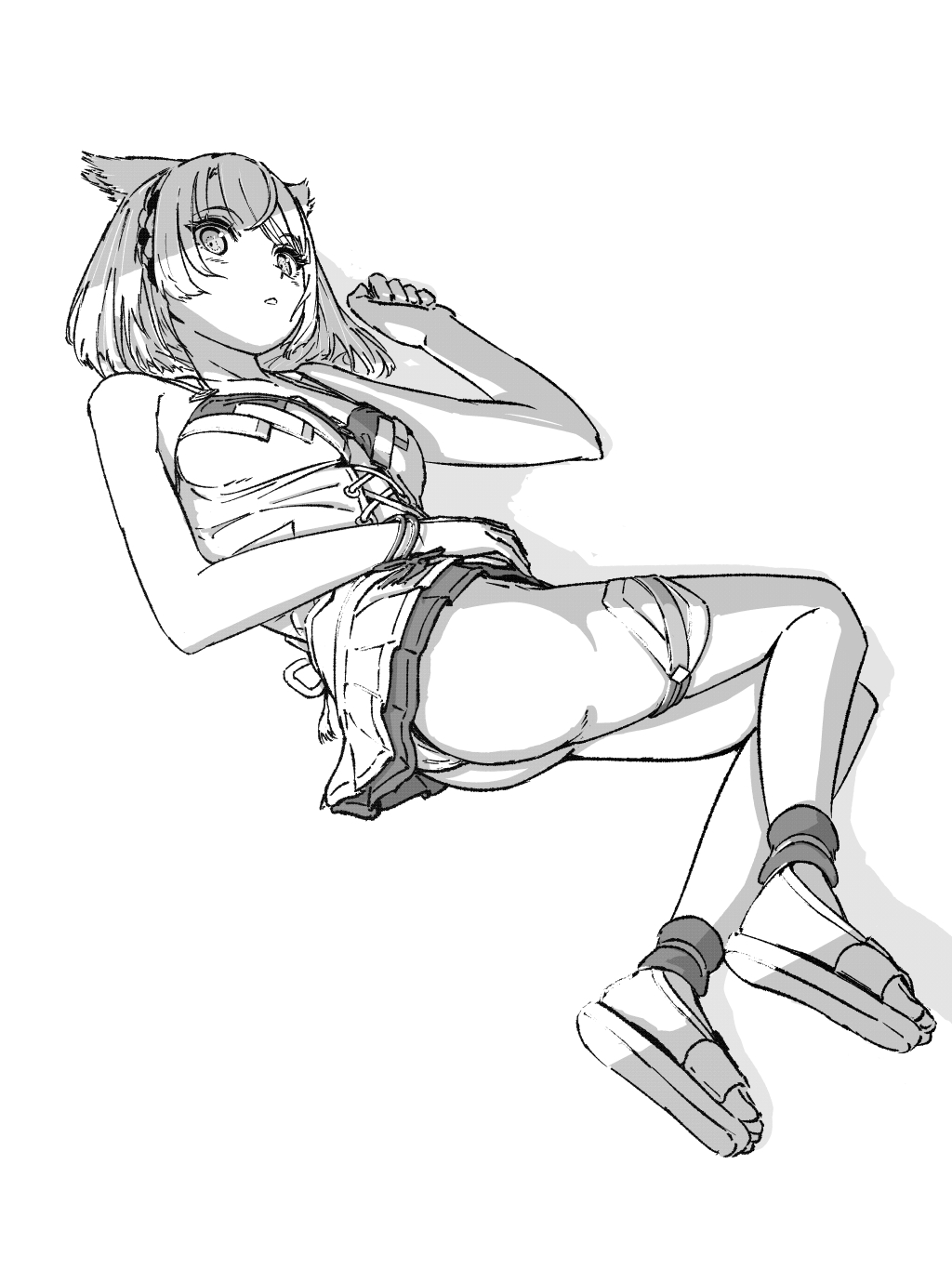 chin bell, mio (xenoblade), xenoblade chronicles (series), xenoblade chronicles 3, commentary request, highres, 1girl, animal ear fluff, animal ears, ass, blush, cat ears, cat girl, greyscale, looking at viewer, lying, medium hair, monochrome, official alternate costume, on side, panties, sandals, simple background, solo, swimsuit, underwear, white background