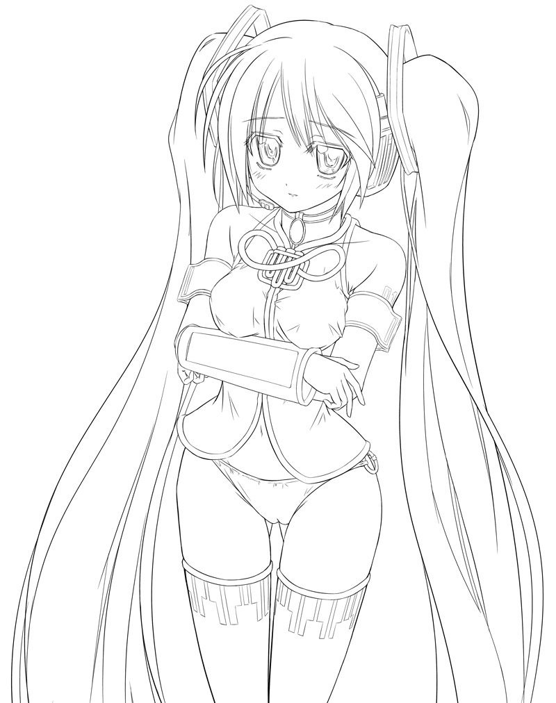 mugityax, hatsune miku, megurine luka, vocaloid, unfinished, cosplay, greyscale, lineart, long hair, megurine luka (cosplay), monochrome, panties, solo, thighhighs, twintails, underwear, very long hair