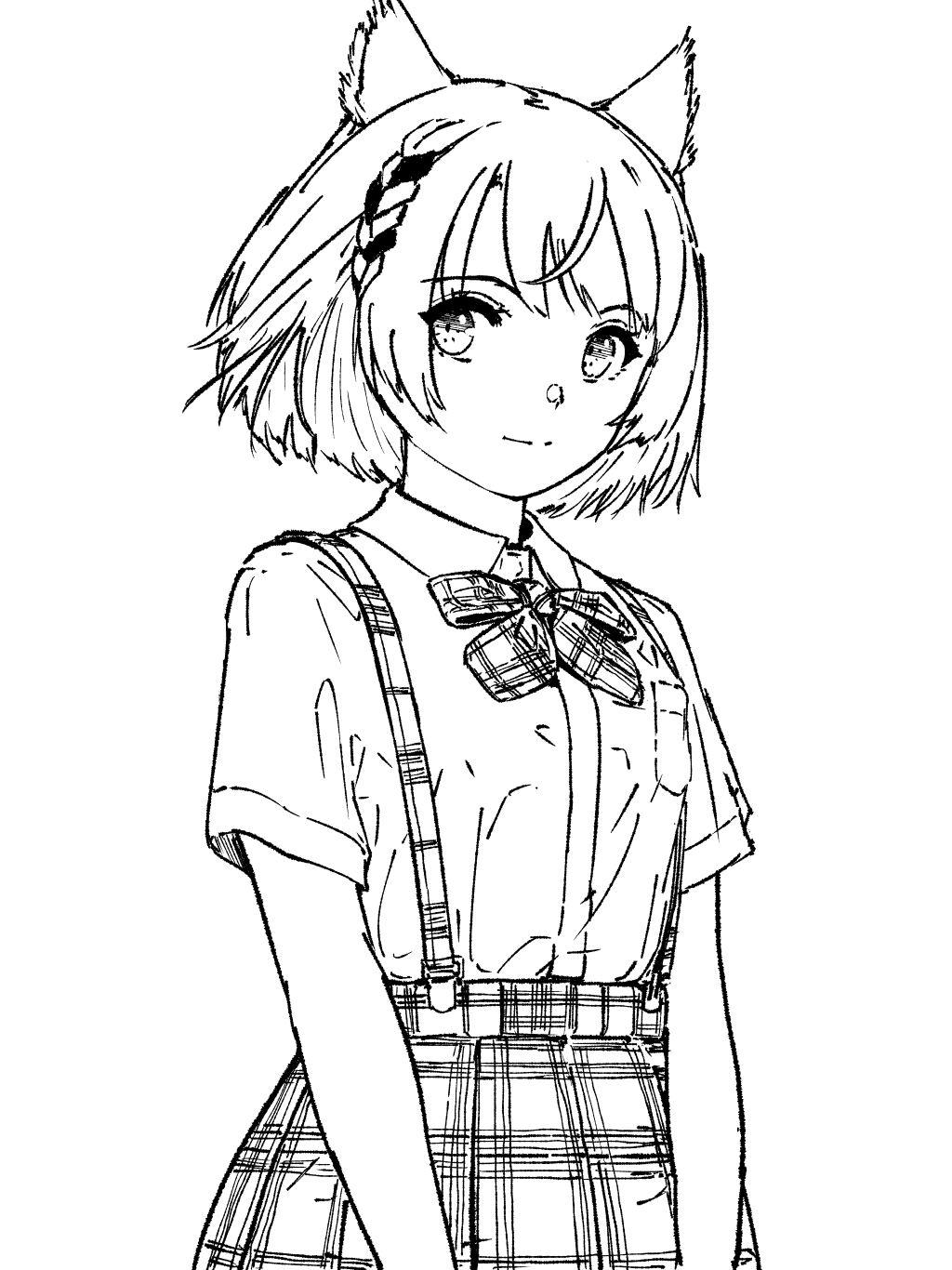 chin bell, mio (xenoblade), xenoblade chronicles (series), xenoblade chronicles 3, commentary request, highres, 1girl, alternate costume, animal ear fluff, animal ears, cat ears, cat girl, closed mouth, collared shirt, eyelashes, greyscale, looking at viewer, monochrome, plaid clothes, plaid skirt, shirt, short hair, short sleeves, simple background, skirt, smile, solo, suspenders, white background