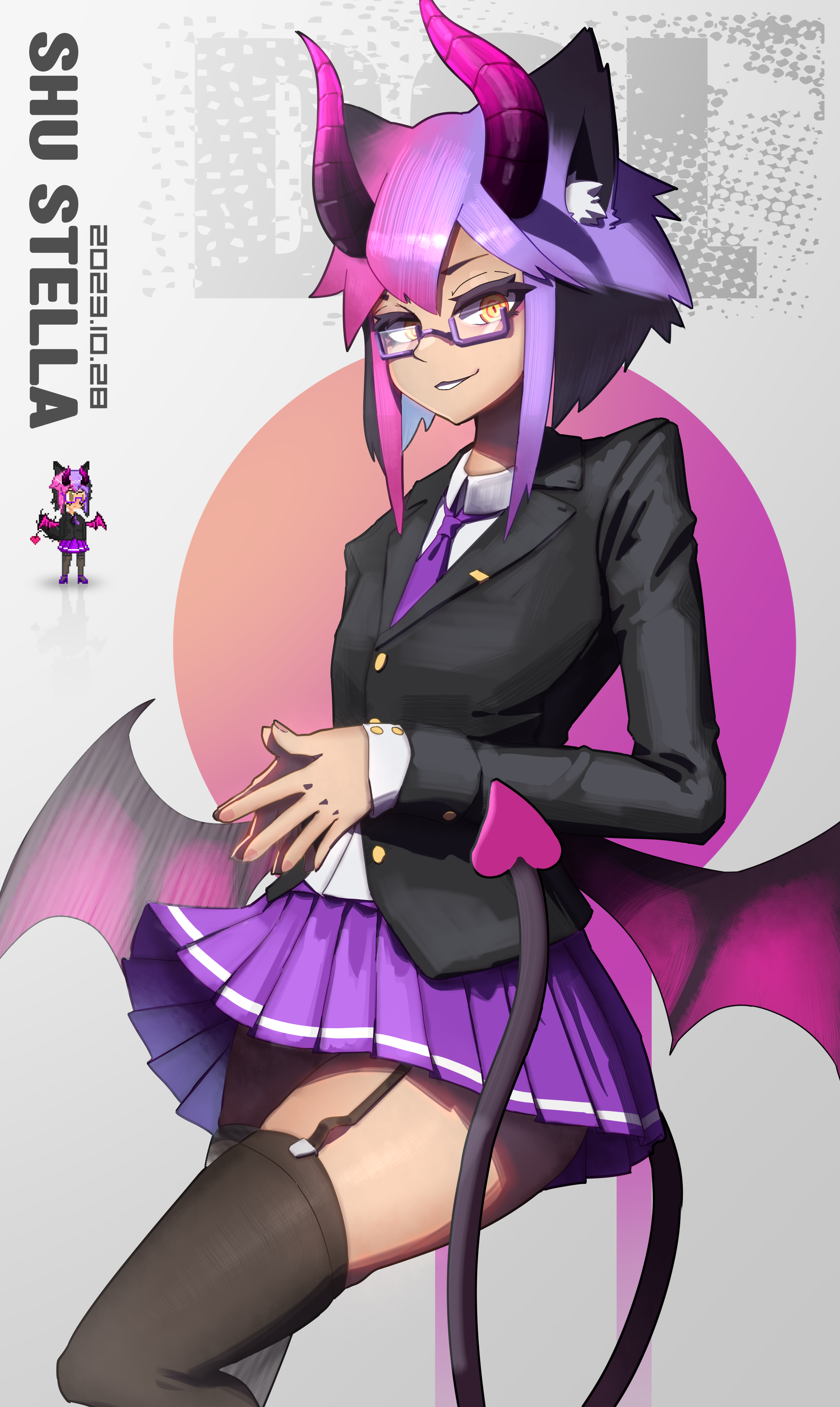shu-stella, degrees of lewdity, original, absurdres, chinese commentary, commentary, english commentary, highres, mixed-language commentary, 1boy, animal ear fluff, animal ears, artist name, black horns, black thighhighs, blazer, bow, bowtie, buttons, cat boy, cat ears, cat tail, chimera, collar, copyright name, crossdressing, crossdressing (mtf), dark-skinned male, dark skin, dated, demon boy, demon horns, demon tail, demon wings, garter belt, garter straps, glasses, gradient background, gradient hair, gradient horns, grey background, heart, heart tail, horns, jacket, lapel pin, lapels, long sleeves, male focus, miniskirt, multicolored hair, multicolored horns, nail polish, notched lapels, own hands together, pink hair, pink nails, pleated skirt, purple bow, purple bowtie, purple hair, purple horns, purple skirt, short hair, simple background, skirt, slit pupils, solo, sprite, tail, thighhighs, trap, two-tone hair, two-tone horns, undershirt, white collar, wings, yellow eyes, zettai ryouiki