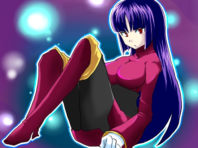 green4ruhachi, sabrina (pokemon), nintendo, pokemon, pokemon rgby, 1990s (style), 1girl, black bodysuit, bodysuit, female focus, gloves, gym leader, hime cut, long hair, pantyhose, purple hair, red eyes, retro artstyle, solo