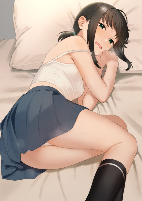 sakiecho, fubuki (kancolle), kantai collection, adversarial noise, commentary request, 1girl, bed sheet, black socks, blue skirt, blush, breasts, brown hair, camisole, feet out of frame, green eyes, indoors, kneehighs, low ponytail, lying, medium hair, on bed, on side, open mouth, panties, peanut mouth, pillow, pleated skirt, ponytail, sidelocks, skirt, small breasts, socks, solo, spaghetti strap, steam, sweat, thighs, underwear, white camisole, white panties
