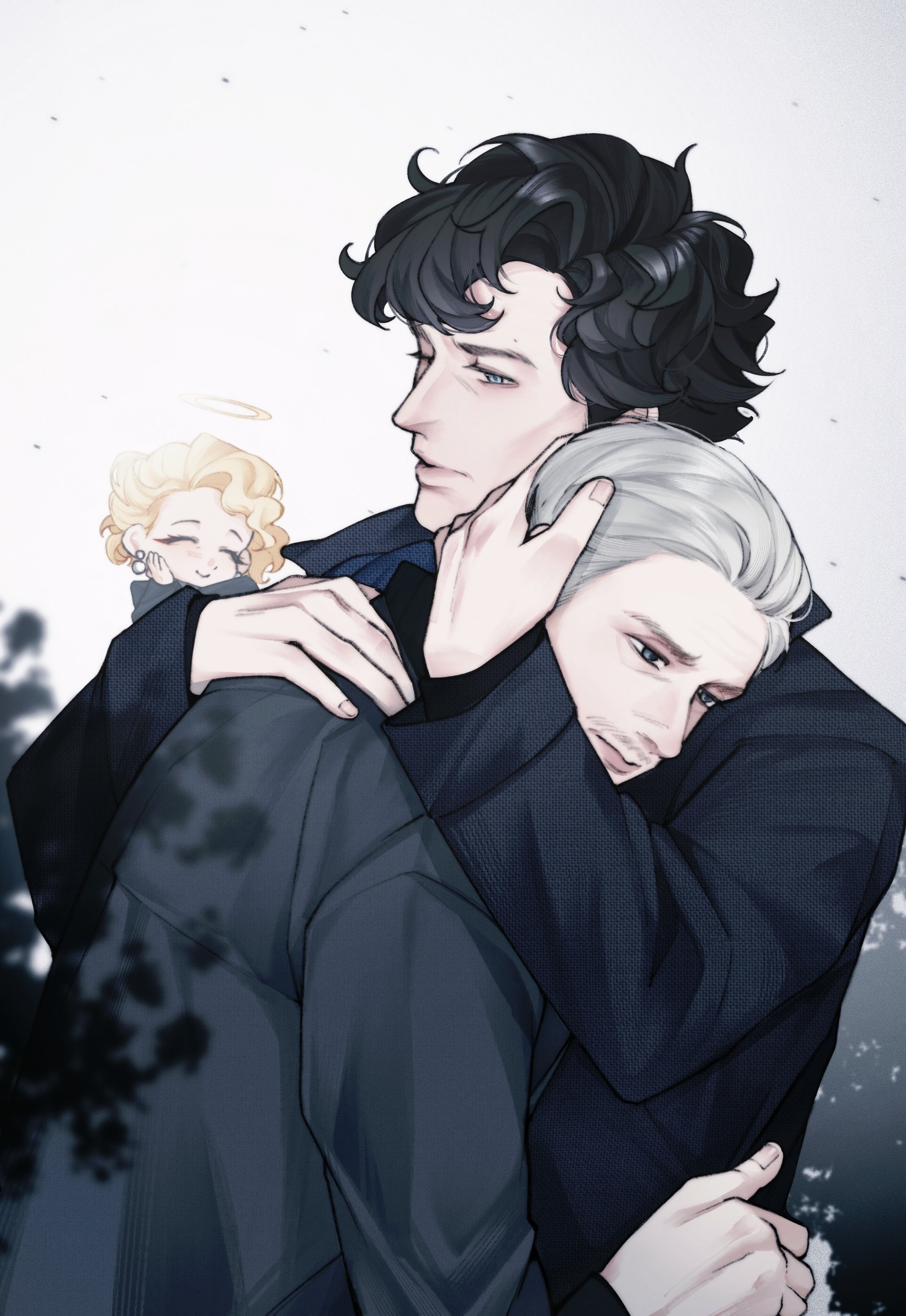 john hamish watson, sherlock holmes (sherlock), sherlock (bbc), absurdres, commentary, highres, 1girl, 2boys, ^ ^, black coat, black hair, blue eyes, closed eyes, coat, earrings, facial hair, grey hair, hair slicked back, halo, hug, jewelry, mary morstan (sherlock), multiple boys, mustache, raina camp39241, short hair, smile, spirit, upper body