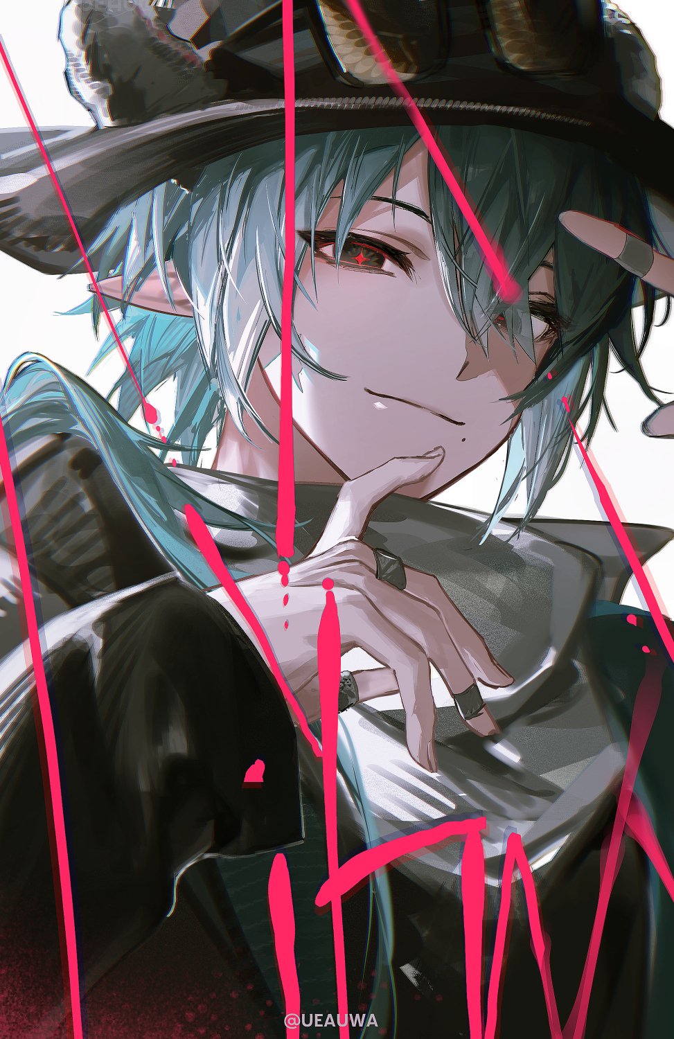 ueauwa, mitm (arknights), arknights, highres, + +, 1boy, black hat, chromatic aberration, closed mouth, green hair, hands up, hat, jewelry, long hair, long sleeves, male focus, mole, mole under mouth, pointy ears, red pupils, ring, sleeves past wrists, smile, solo, twitter username, upper body, watermark
