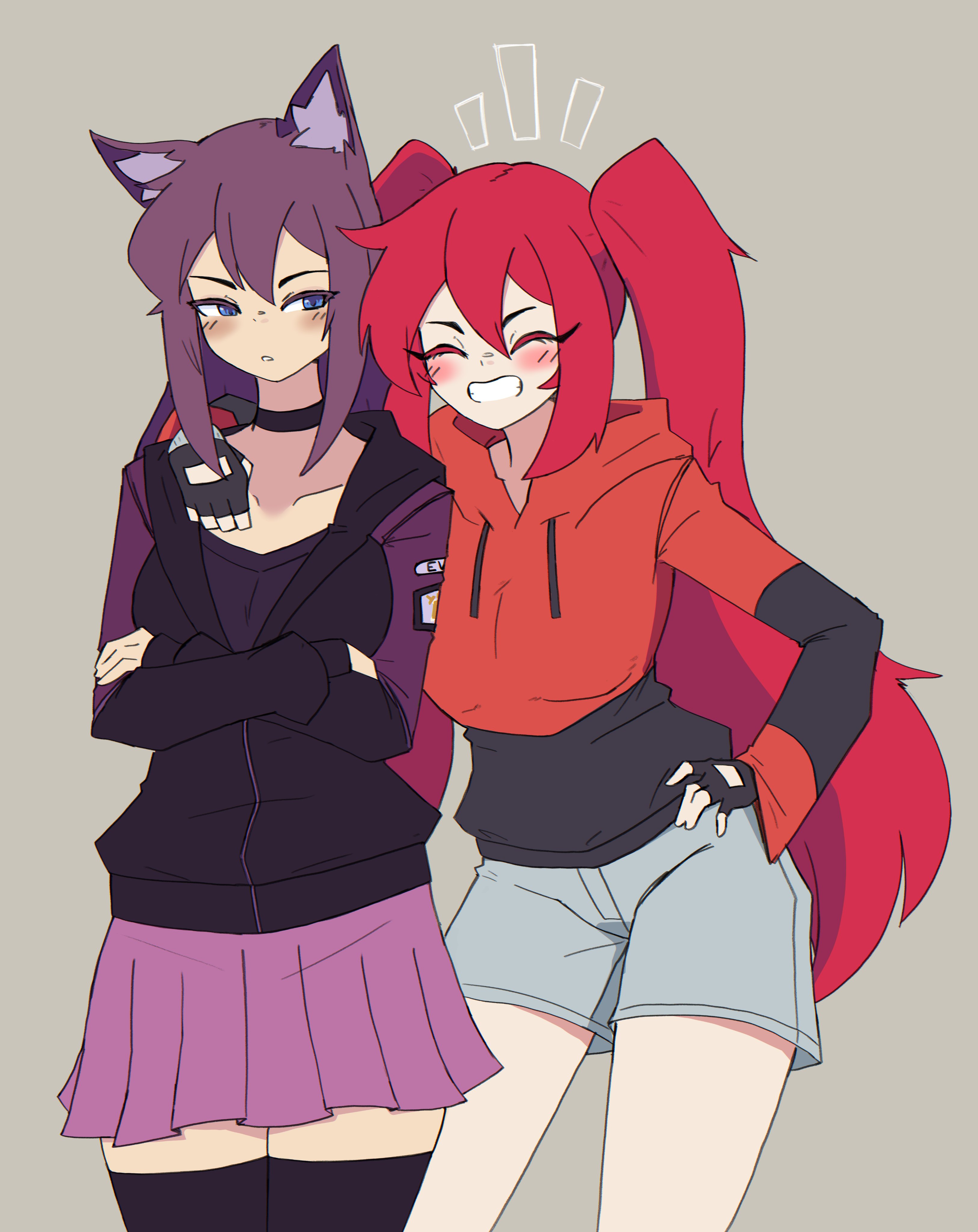 doce, original, absurdres, highres, 2girls, animal ear fluff, animal ears, arm around shoulder, black gloves, black hoodie, black thighhighs, blue eyes, blush, borrowed character, cat ears, choker, closed eyes, collarbone, cowboy shot, crossed arms, female focus, fingerless gloves, gloves, grey background, grey shorts, grin, hair between eyes, hand on own hip, hoodie, long hair, looking at another, multiple girls, orange hoodie, parted lips, pink skirt, purple hair, red hair, shorts, simple background, skirt, smile, thighhighs, twintails