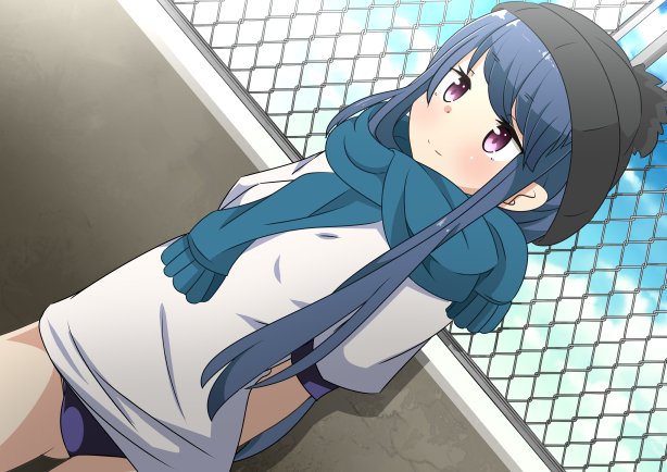 naruse mai, shima rin, yurucamp, 1girl, arms behind back, ass, blue buruma, blue hair, buruma, chain-link fence, cloud, day, feet out of frame, female focus, fence, gluteal fold, gym uniform, hat, legs, long hair, outdoors, purple eyes, scarf, shirt, sky, solo, standing, t-shirt, white shirt
