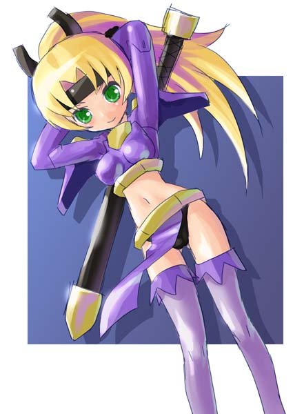 katahira masashi, umihara mana, capcom, gotcha force, 1girl, arms behind head, arms up, black panties, blonde hair, breasts, green eyes, headband, long hair, long sleeves, looking at viewer, midriff, navel, panties, pelvic curtain, ponytail, purple background, purple shirt, purple thighhighs, shirt, small breasts, smile, sword, thighhighs, underwear, weapon