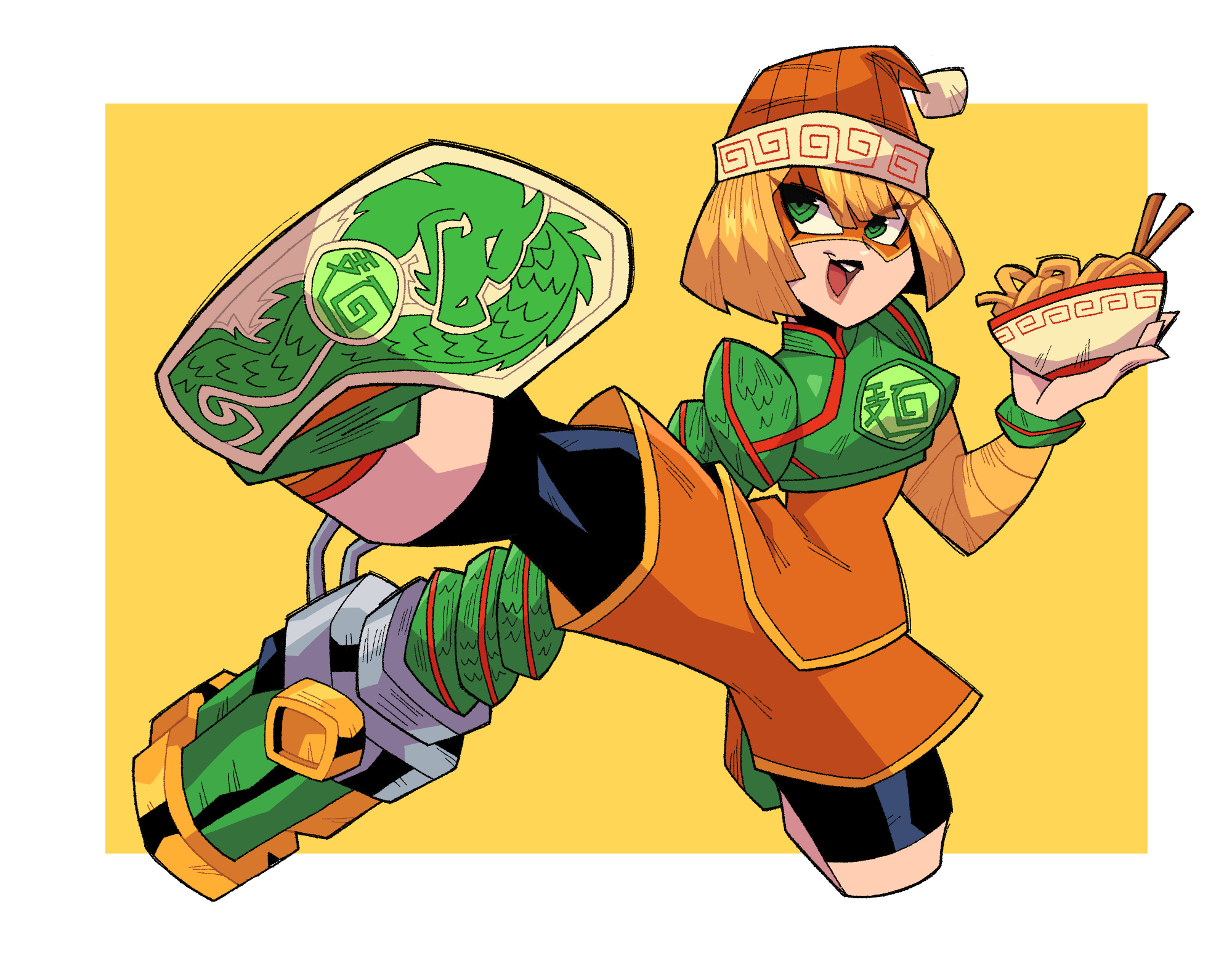 slowpumpkins, min min (arms), arms (game), highres, 1girl, beanie, blonde hair, bob cut, bowl, chopsticks, domino mask, dragon (arms), food, green eyes, green shoes, hat, holding, holding bowl, kicking, leggings, leggings under shorts, mask, noodles, open mouth, orange shirt, orange shorts, outside border, ramen, shirt, shoes, short hair, shorts, sneakers, solo