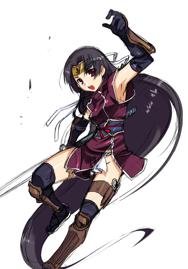 sfix, takase hironori, shuutai (koihime musou), koihime musou, 00s, 1girl, absurdly long hair, armpits, black hair, elbow gloves, female focus, fundoshi, gloves, japanese clothes, long hair, ninja, red eyes, sketch, solo, sword, thigh strap, thighhighs, very long hair, weapon