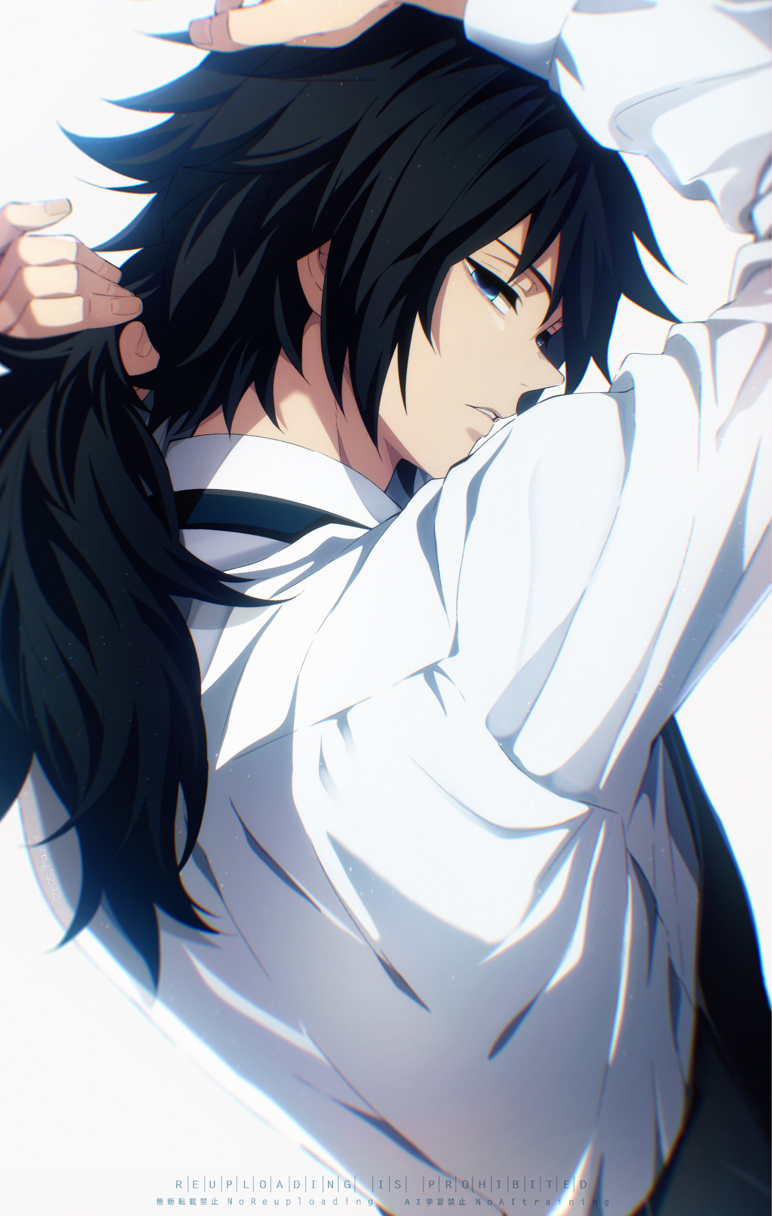 may (illust man 2020), tomioka giyuu, kimetsu no yaiba, absurdres, highres, 1boy, alternate costume, apron, black apron, black hair, blue eyes, empty eyes, fingernails, from behind, looking at viewer, low ponytail, male focus, parted lips, ponytail, profile, shirt, simple background, solo, spiked hair, teeth, white background, white shirt