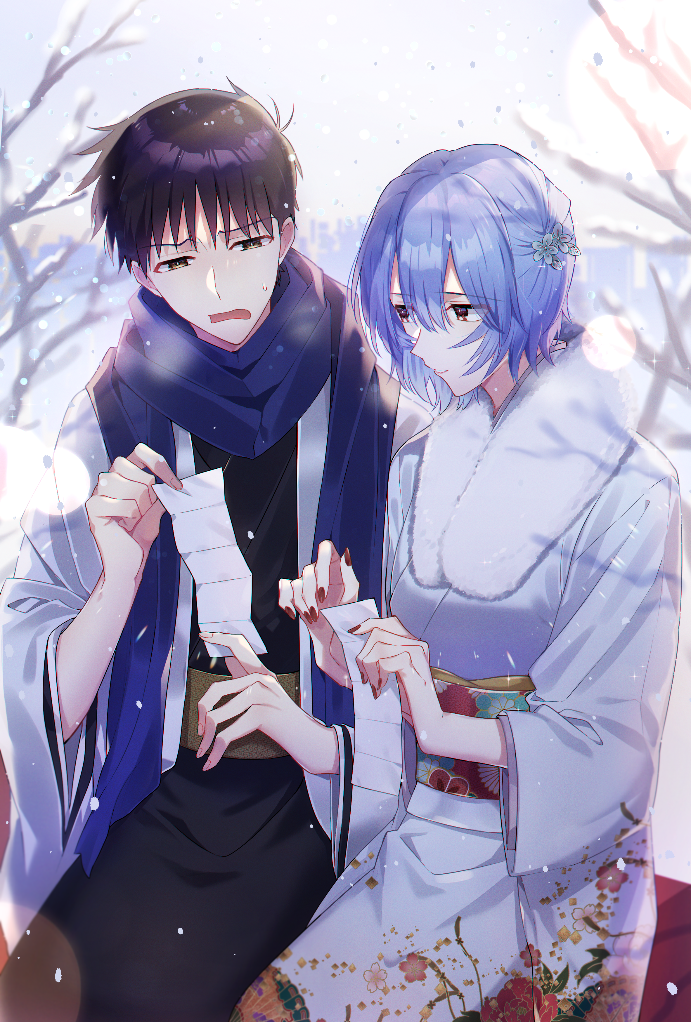 yoshio 296, ayanami rei, ikari shinji, neon genesis evangelion, absurdres, highres, 1boy, 1girl, alternate costume, bare tree, black hair, blue hair, blue kimono, breasts, breath, eyes visible through hair, flower, hair flower, hair ornament, hairclip, hetero, holding, holding paper, japanese clothes, kimono, nail polish, new year, paper, red eyes, red nails, short hair, snow, sweatdrop, tree, visible air, white kimono, winter