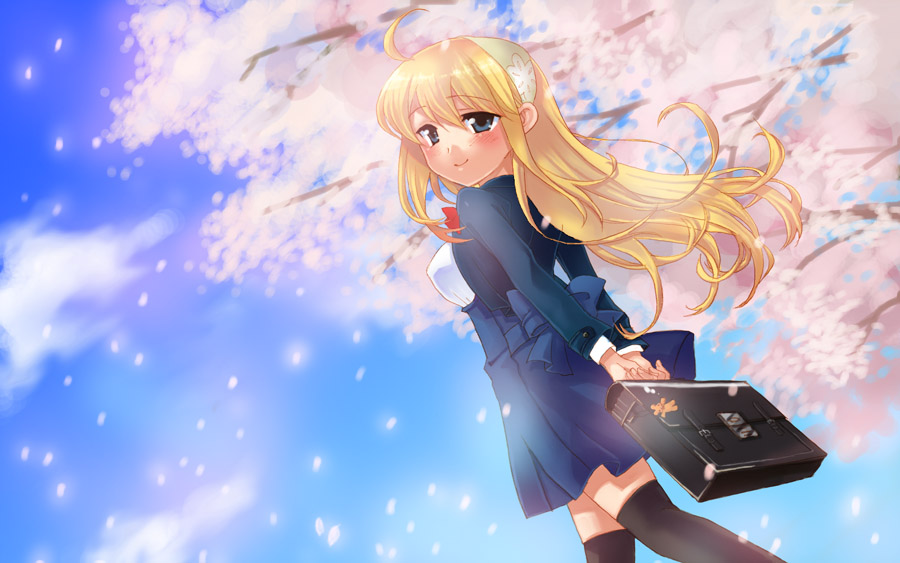 sakiya miu, original, bag, blonde hair, cherry blossoms, long hair, school bag, school uniform, solo