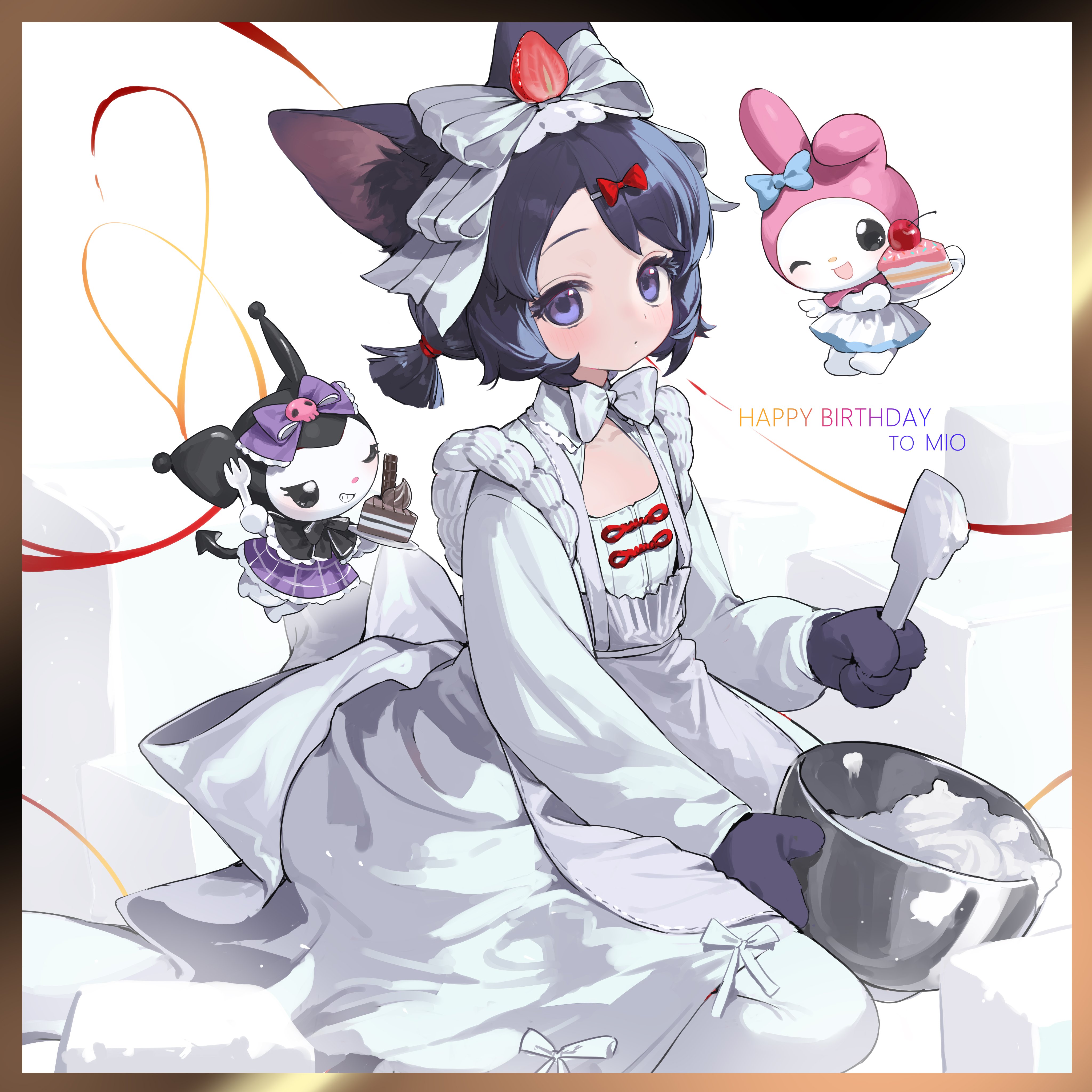 shisantian, kuromi, my melody, original, absurdres, highres, 1girl, animal ear fluff, animal ears, apron, baking, black hair, blue bow, border, bow, bowl, bowtie, cake, closed mouth, dot mouth, dress, flat chest, food, food-themed hair ornament, gift art, hair bow, hair ornament, holding, holding bowl, holding cake, holding food, holding utensil, holding whisk, long sleeves, looking at viewer, low twintails, oven mitts, pantyhose, purple bow, purple eyes, sitting, solo, strawberry hair ornament, twintails, whisk, white background, white bow, white dress, white pantyhose