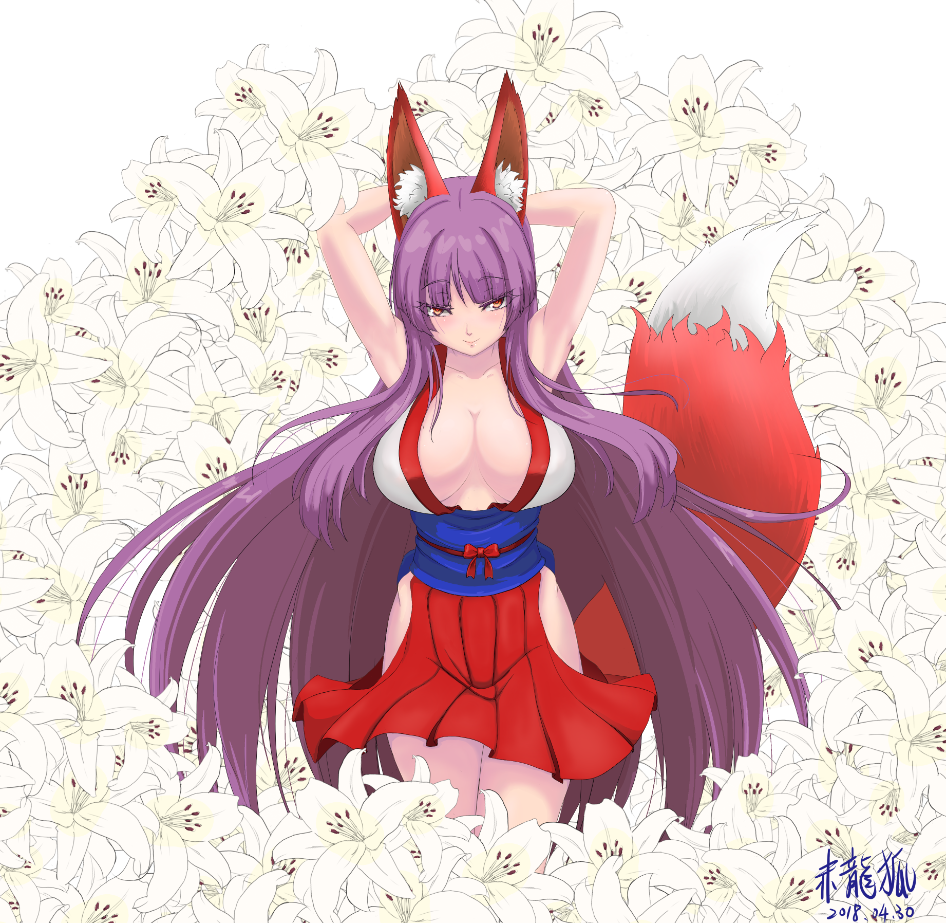 enoko (zqfebi), original, commentary request, highres, 1girl, animal ear fluff, animal ears, armpits, arms behind head, arms up, blue sash, blunt bangs, blush, breasts, cleavage, closed mouth, clothing cutout, cowboy shot, dated, flower, fox, fox ears, fox girl, fox tail, hip vent, large breasts, long hair, looking at viewer, obi, orange eyes, pleated skirt, purple hair, red skirt, sash, skirt, smile, solo, tail, very long hair, white flower