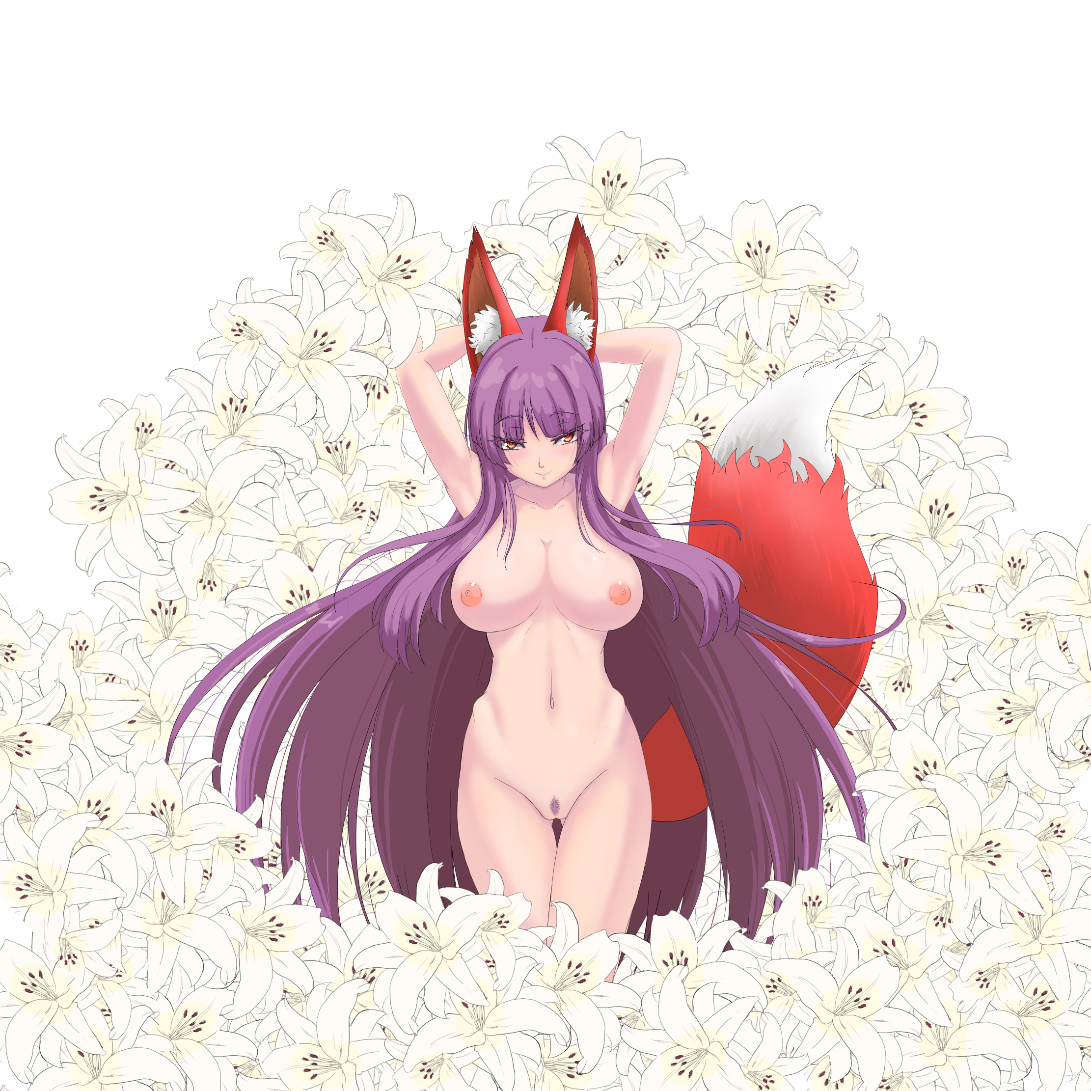 enoko (zqfebi), original, commentary request, highres, 1girl, animal ear fluff, animal ears, armpits, arms behind head, arms up, blunt bangs, blush, breasts, cleavage, closed mouth, colored pubic hair, completely nude, cowboy shot, female pubic hair, flower, fox ears, fox girl, fox tail, large breasts, long hair, looking at viewer, nipples, nude, orange eyes, pubic hair, purple hair, purple pubic hair, pussy, smile, solo, tail, uncensored, very long hair, white flower
