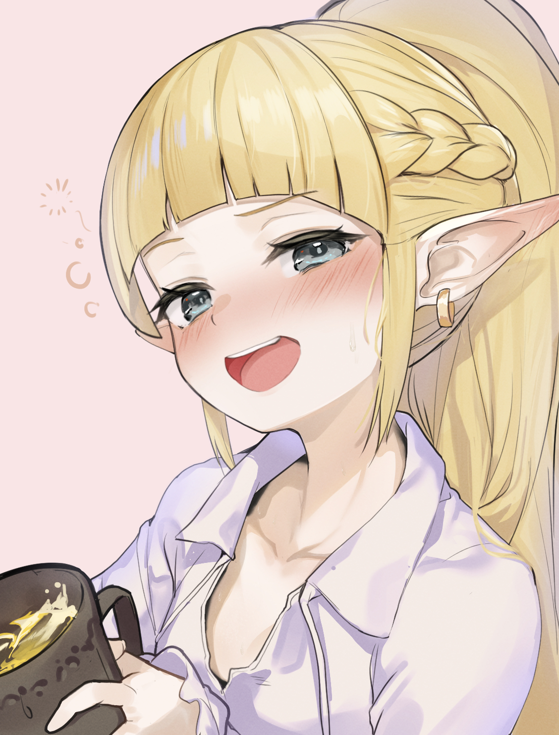 minutachi, wizardry variants daphne, character request, commentary request, highres, 1girl, alcohol, blonde hair, blue eyes, blush, braid, collarbone, cup, drunk, earrings, holding, holding cup, jewelry, long hair, open mouth, pointy ears, ponytail, solo, upper body