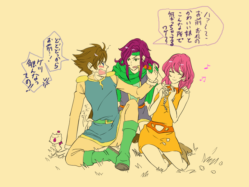 niboshi514, bartz klauser, faris scherwiz, lenna charlotte tycoon, moogle, final fantasy, final fantasy v, bad id, bad pixiv id, translation request, 1990s (style), 1boy, 2girls, androgynous, blush, closed eyes, green eyes, headband, long hair, multiple girls, orange shirt, orange skirt, pink hair, purple hair, reverse trap, shirt, short hair, siblings, sisters, skirt, smile
