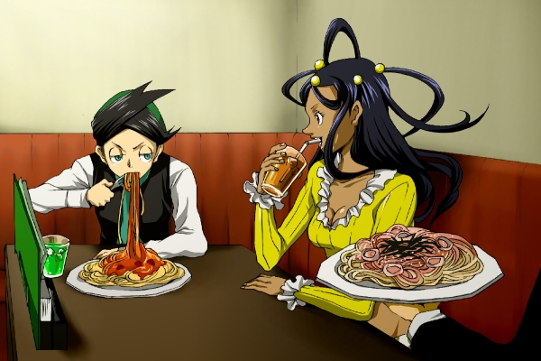 hirococo, dahlia (pokemon), thorton (pokemon), nintendo, pokemon, pokemon dppt, bad id, bad pixiv id, 00s, 1boy, 1girl, black hair, breasts, cleavage, dark skin, drinking, food, frontier brain, glass, long hair, pasta, purple eyes, spaghetti