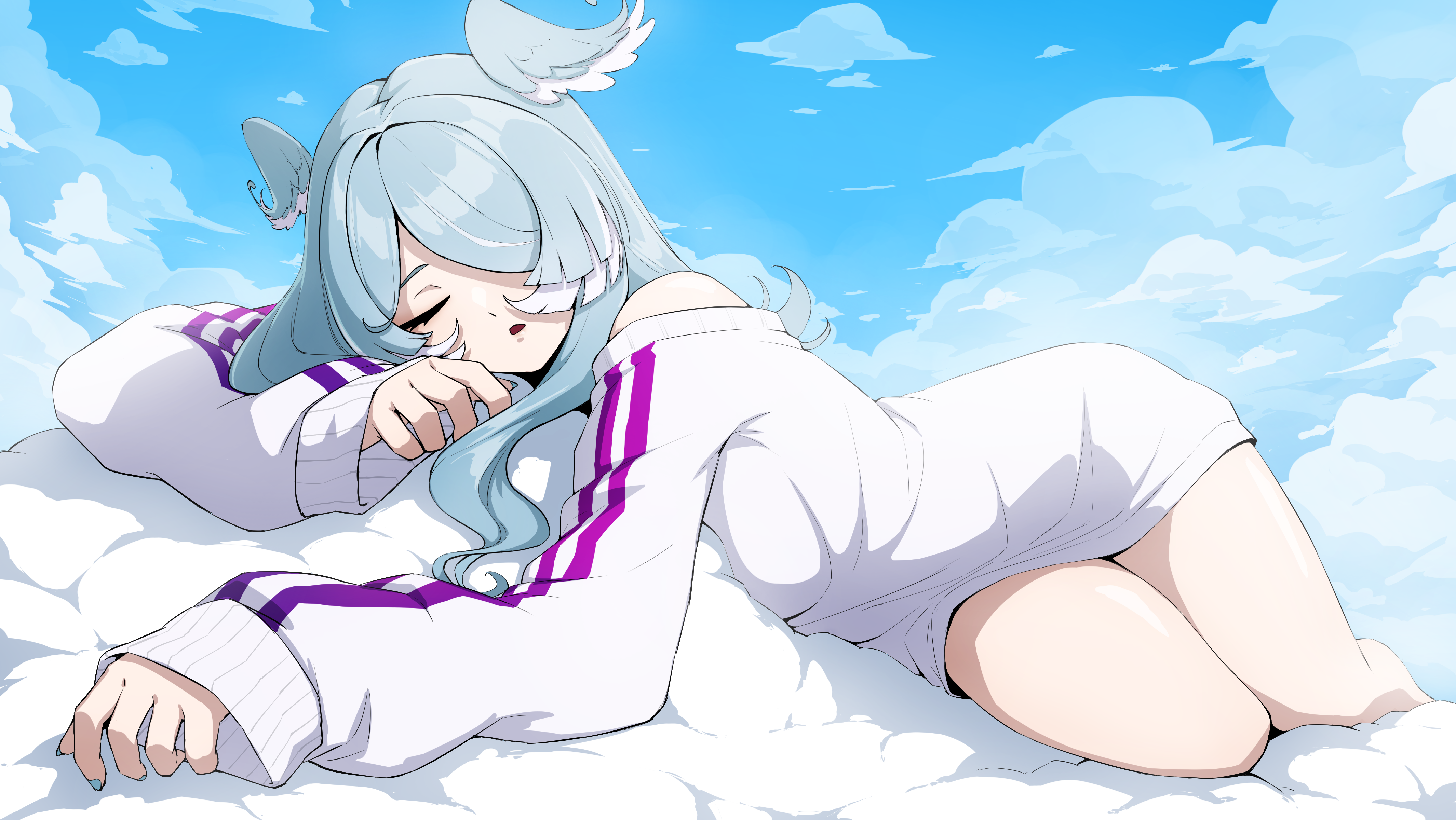 daydarion, elira pendora, elira pendora (1st costume), nijisanji, nijisanji en, absurdres, commentary, english commentary, highres, 1girl, blue hair, blue nails, blue sky, closed eyes, cloud, cloudy sky, full body, head wings, long hair, long sleeves, naked sweater, on cloud, parted lips, single off shoulder, sky, sleeping, sleeves past wrists, solo, sweater, thighs, virtual youtuber, wings
