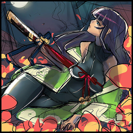 ban! (bansankan), ran (7th dragon), samurai (7th dragon), 7th dragon, 7th dragon (series), lowres, 1girl, female focus, long hair, moon, solo, sword, weapon