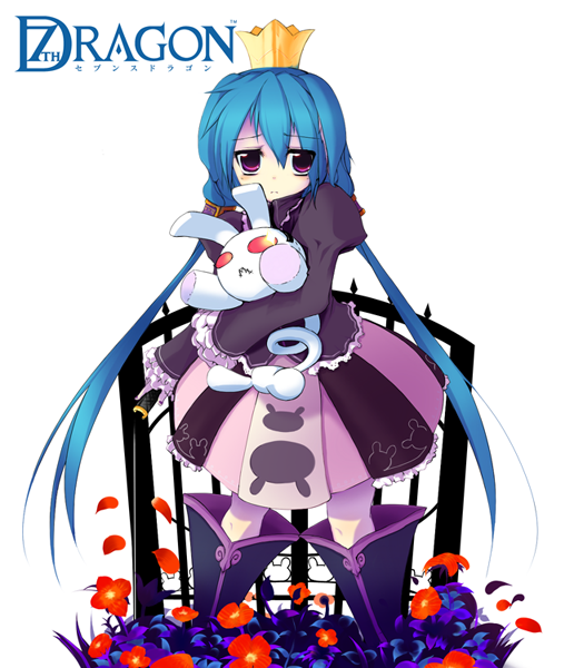 momomeno (7th dragon), princess (7th dragon), 7th dragon, 7th dragon (series), 1girl, blue hair, crown, dress, female focus, floro (7th dragon), flower, long hair, solo, stuffed animal, stuffed rabbit, stuffed toy, twintails