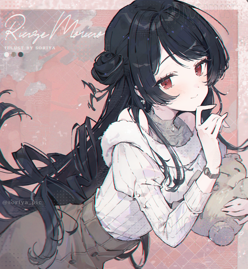 soriya, morino rinze, idolmaster, idolmaster shiny colors, commentary, 1girl, alternate hair length, alternate hairstyle, artist name, black hair, blush, character name, color guide, dark skin, fur-trimmed sweater, fur trim, hair bun, hugging doll, hugging object, jewelry, long hair, looking at viewer, necklace, off-shoulder sweater, off shoulder, red eyes, single side bun, smile, solo, sweater, sweater tucked in, twitter username, very long hair, watch, white sweater, wristwatch