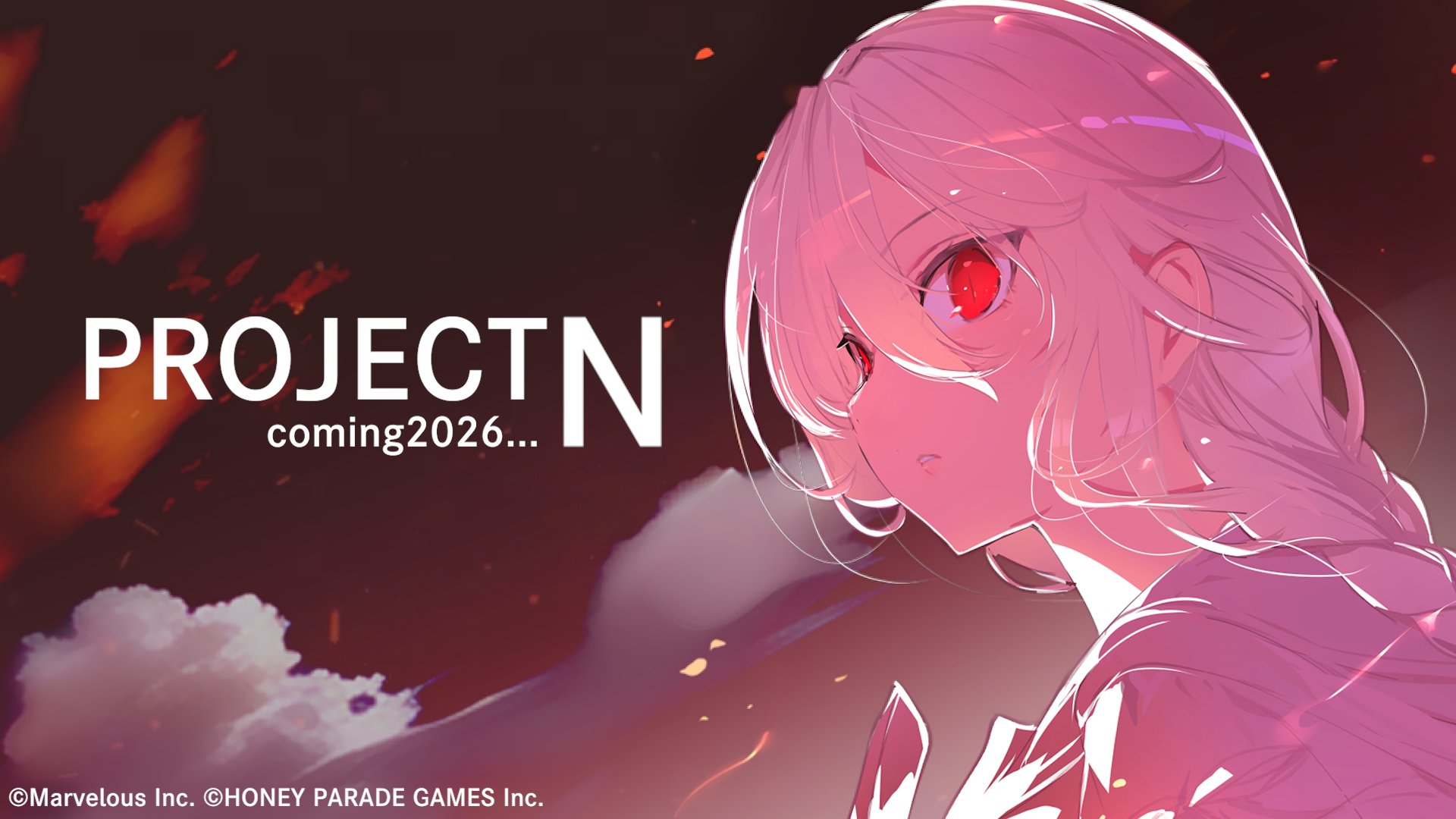 yaegashi nan, marvelous, senran kagura, character request, commentary, highres, official art, promotional art, 1girl, braid, braided ponytail, cloud, copyright logo, embers, hair between eyes, logo, looking at viewer, night, night sky, red eyes, senran kagura project n, sketch, sky, slit pupils, solo, white hair