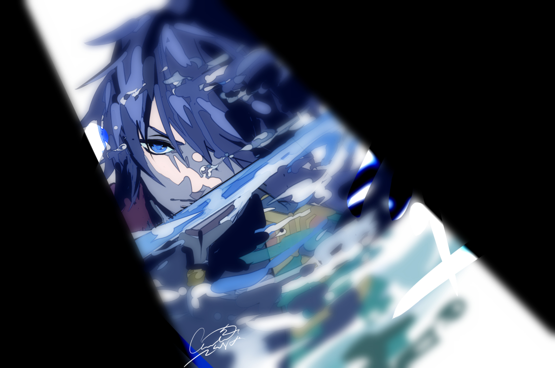 hayami chika, tomioka giyuu, kimetsu no yaiba, 1boy, black hair, black jacket, blue eyes, buttons, closed mouth, demon slayer uniform, gold buttons, haori, high collar, holding, holding sword, holding weapon, jacket, japanese clothes, katana, kikkoumon, looking at viewer, low ponytail, male focus, ponytail, print haori, red haori, signature, solo, spiked hair, sword, upper body, weapon