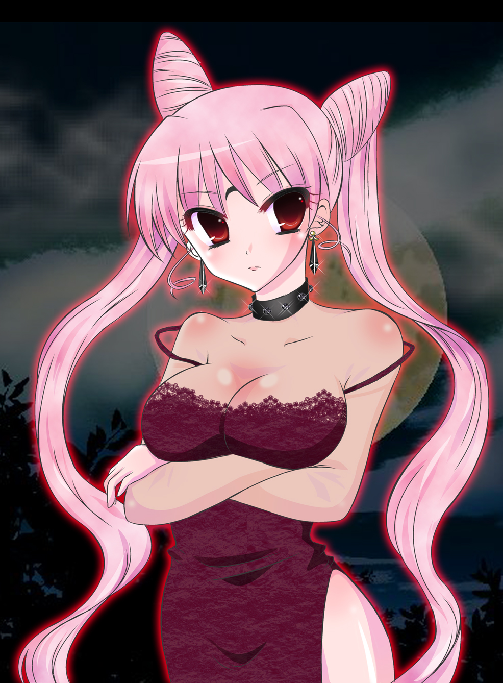ragho no erika, black lady (sailor moon), chibi usa, bishoujo senshi sailor moon, bishoujo senshi sailor moon r, bad id, bad pixiv id, highres, 1990s (style), aged up, bare shoulders, blush, breasts, choker, cleavage, cone hair bun, crescent, crescent facial mark, double bun, dress, earrings, erika (pixiv101500), facial mark, forehead mark, hair bun, jewelry, large breasts, long hair, pink eyes, pink hair, retro artstyle, see-through clothes, side slit, solo, twintails, very long hair