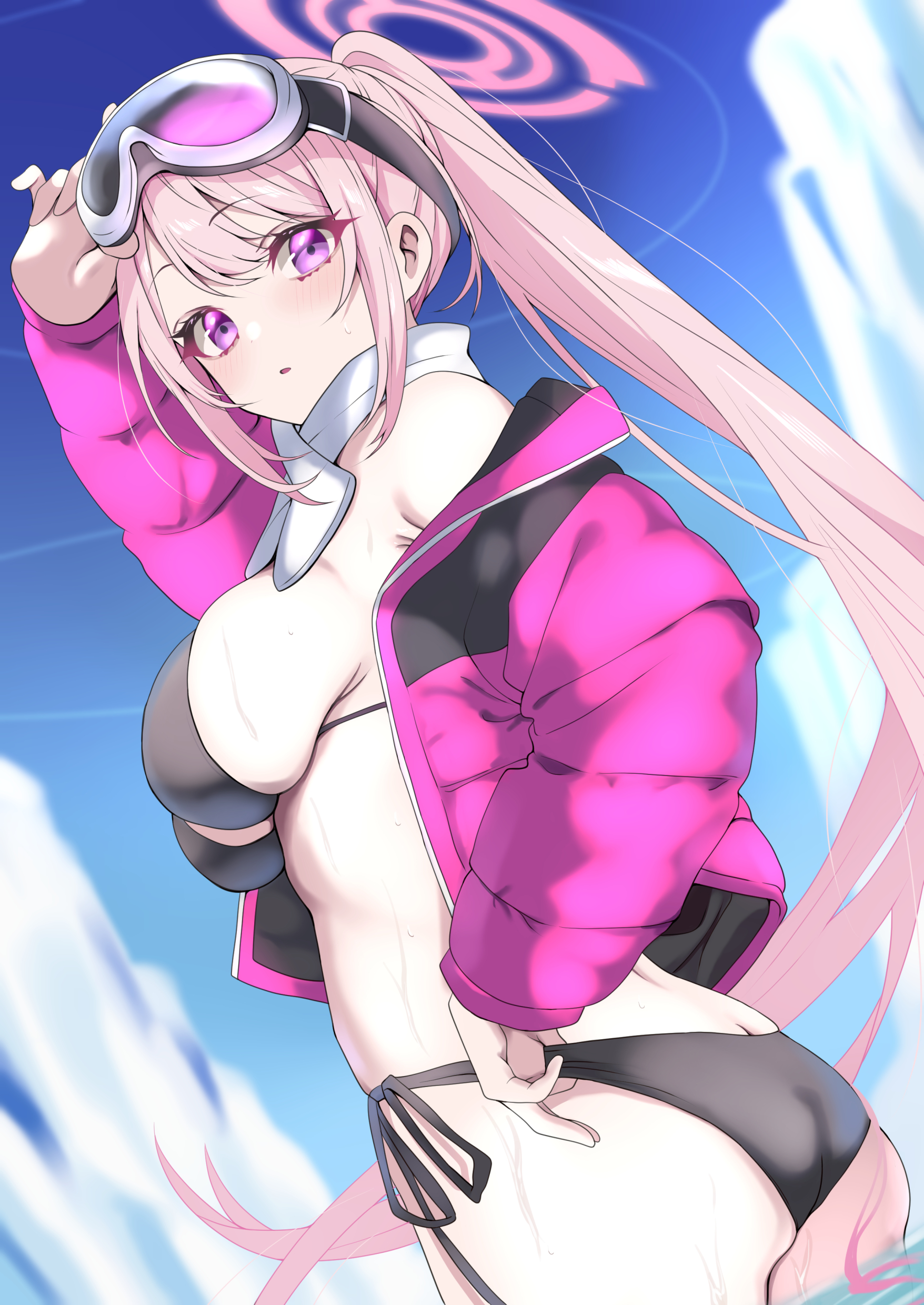 tonomiya68, eimi (blue archive), eimi (swimsuit) (blue archive), blue archive, absurdres, commentary, highres, 1girl, ass, bare shoulders, bikini, black bikini, breasts, butt crack, goggles, goggles on head, halo, jacket, large breasts, looking at viewer, pink hair, pink halo, ponytail, purple eyes, purple jacket, scarf, swimsuit, thighs, white scarf