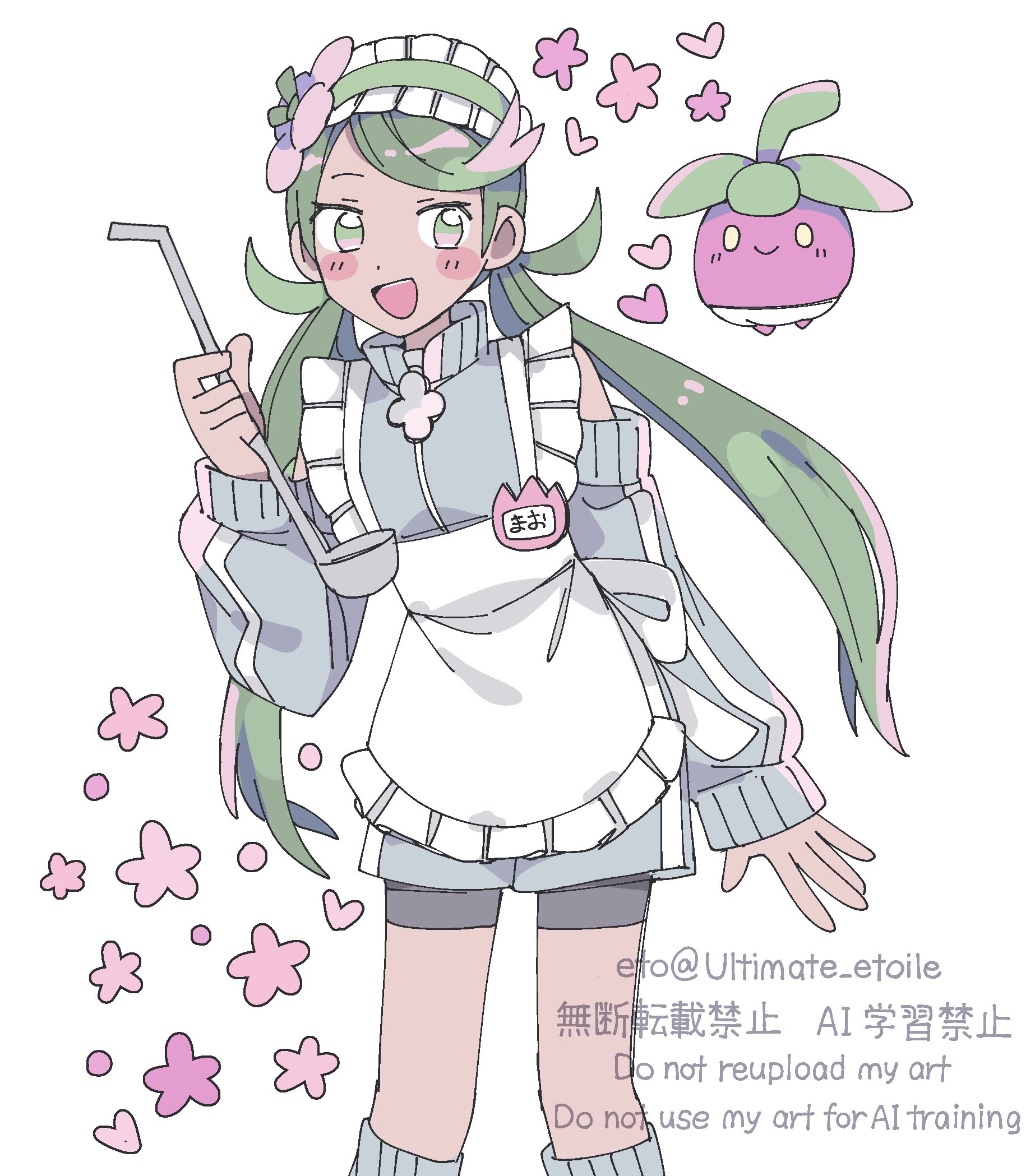 remoooon, bounsweet, mallow (pokemon), nintendo, pokemon, pokemon sm, highres, 1girl, :d, alternate costume, apron, dark-skinned female, dark skin, detached sleeves, flower, frilled apron, frills, gen 7 pokemon, green eyes, green hair, grey jacket, grey socks, hair flower, hair ornament, jacket, long hair, looking at viewer, maid headdress, open mouth, pink flower, pokemon (creature), simple background, smile, socks, soup ladle, standing, swept bangs, twintails, upper body, white apron, white background, yellow eyes