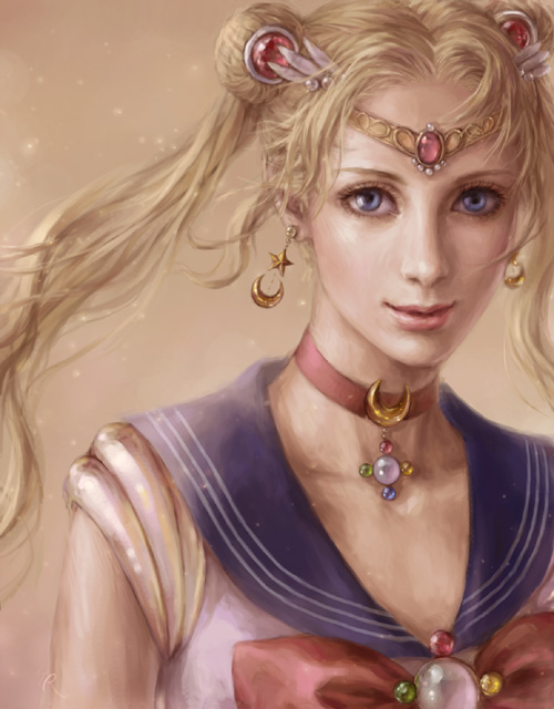 nanar, sailor moon, tsukino usagi, bishoujo senshi sailor moon, bishoujo senshi sailor moon (first season), 1990s (style), 1girl, blonde hair, blue eyes, blue sailor collar, bow, choker, double bun, earrings, female focus, hair bun, jewelry, long hair, magical girl, realistic, red bow, retro artstyle, sailor collar, sepia, solo, tiara, twintails