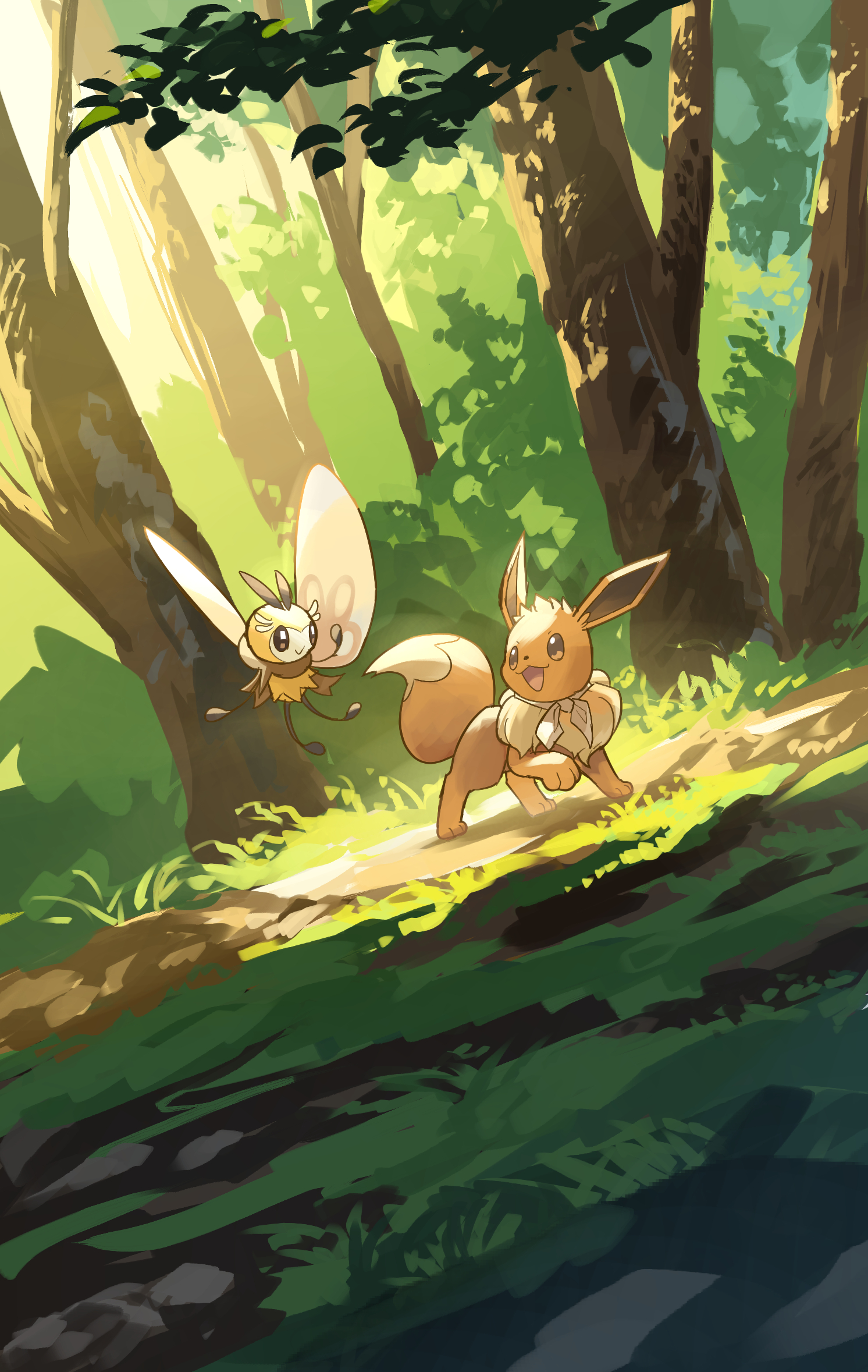 yamaori (hakkentai pokedan), eevee, ribombee, nintendo, pokemon, highres, brown eyes, brown fur, day, forest, gen 1 pokemon, gen 7 pokemon, grass, nature, no humans, open mouth, outdoors, pokemon (creature), tree, two-tone fur