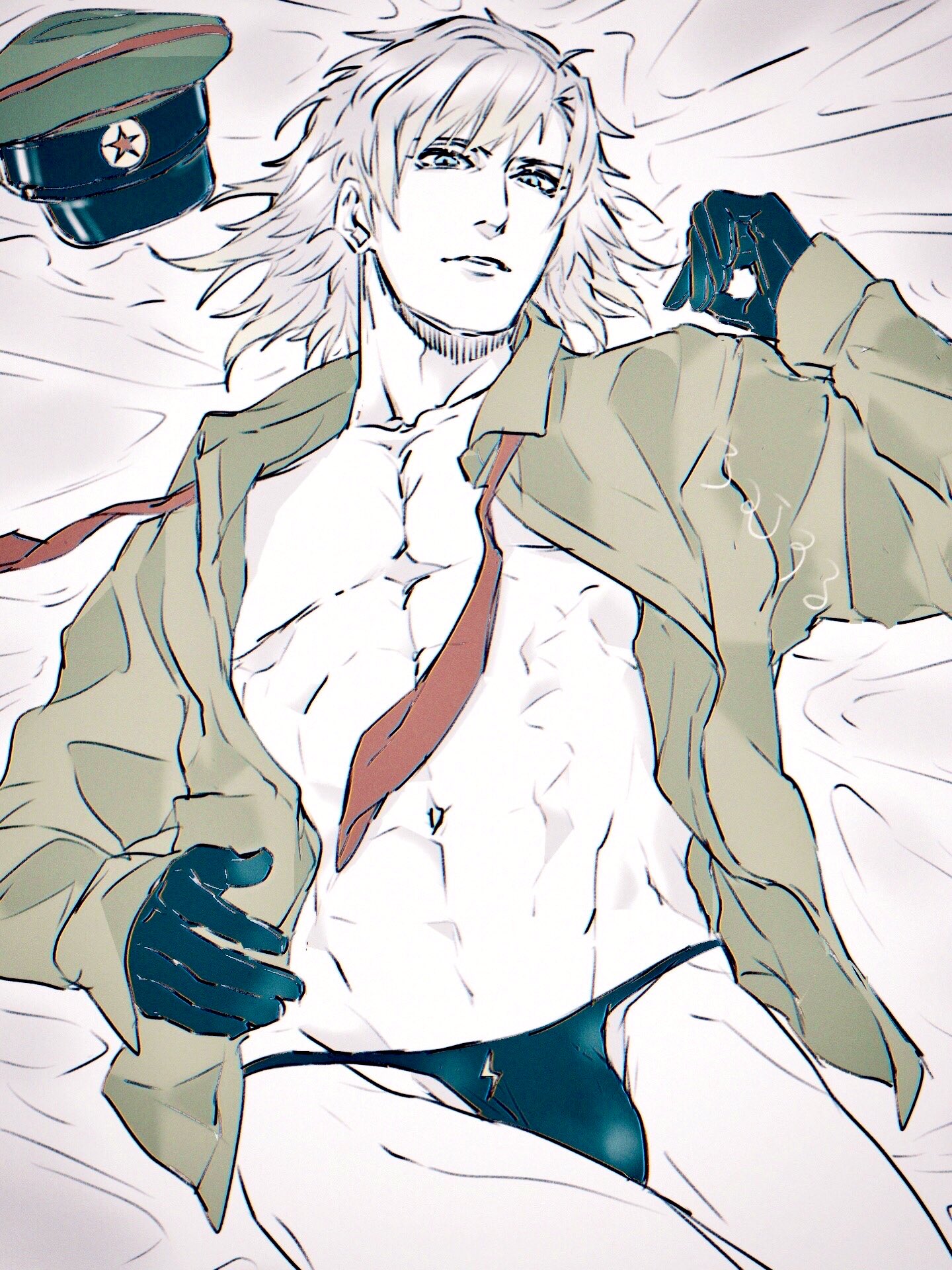 an chovy, metal gear (series), metal gear solid 3: snake eater, commentary request, highres, 1boy, abs, black gloves, black panties, blue eyes, collarbone, collared shirt, gloves, green hat, green shirt, grey hair, hand up, hat, hat ornament, ivan raidenovitch raikov, long sleeves, looking at viewer, lying, male focus, military hat, military uniform, muscular, muscular male, navel, necktie, on back, on bed, open clothes, open shirt, panties, peaked cap, pectorals, puffy long sleeves, puffy sleeves, red necktie, shirt, short hair, solo, soviet army, star (symbol), star hat ornament, teeth, underwear, unworn hat, unworn headwear