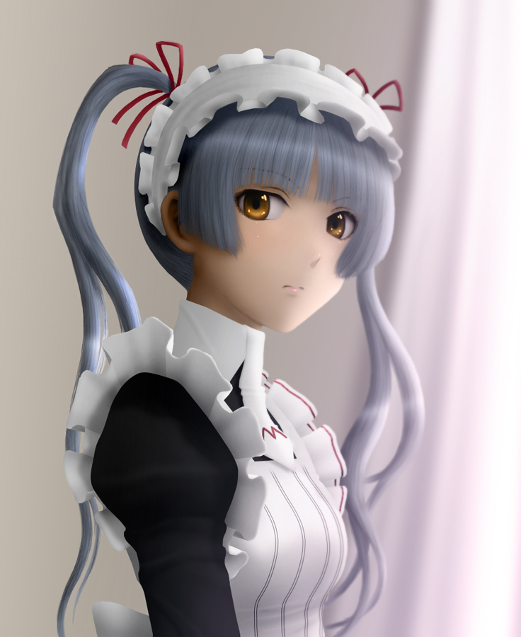 siraha, shinouji matsurika, maria holic, bad id, bad pixiv id, 00s, 1girl, blue hair, expressionless, female focus, hair ribbon, hairband, long hair, maid, ribbon, solo, twintails, yellow eyes