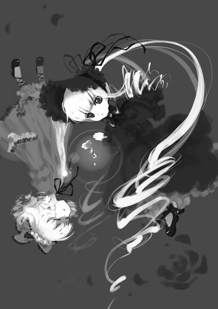 mojirow, hinaichigo, shinku, rozen maiden, commentary request, 2girls, bonnet, bow, bowtie, closed eyes, closed mouth, dress, expressionless, full body, greyscale, hair bow, leg ribbon, long hair, looking at viewer, monochrome, multiple girls, neck ribbon, ribbon, rosa mystica, shoes, socks, twintails, very long hair
