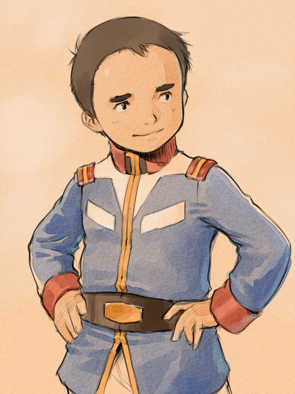 sano toshihide, hayato kobayashi, gundam, mobile suit gundam, bad id, bad pixiv id, 1boy, brown eyes, brown hair, hands on own hips, male focus, military, military uniform, short hair, solo