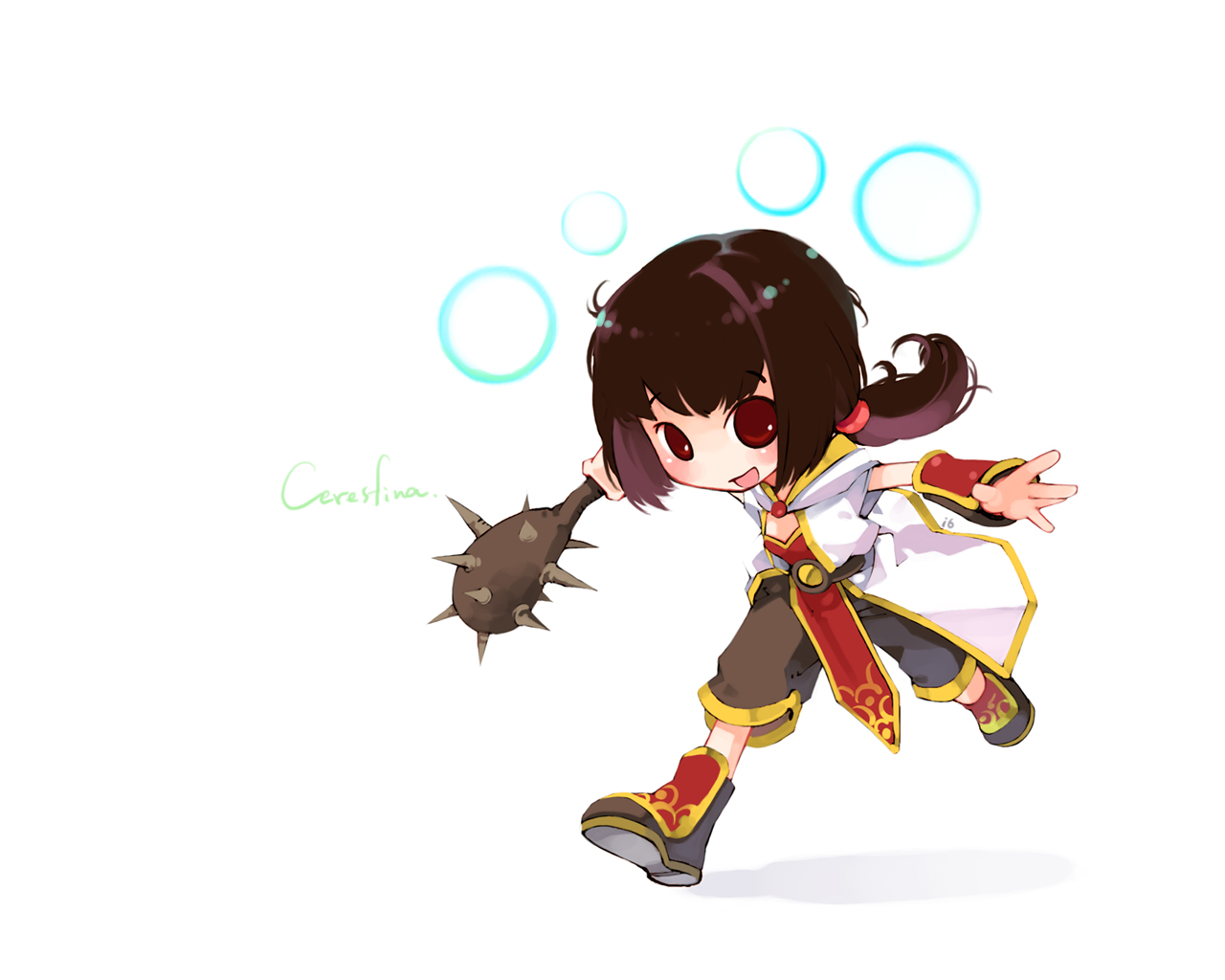 mojirow, champion (ragnarok online), ragnarok online, commentary request, 1girl, blush, boots, brown boots, brown hair, brown shorts, club, club (weapon), coat, energy ball, full body, gold trim, holding, holding club, holding weapon, hood, hooded coat, long hair, looking at viewer, low ponytail, open mouth, ponytail, red eyes, red shirt, running, shirt, shorts, simple background, sleeveless, sleeveless coat, smile, solo, spiked club, weapon, white background, white coat