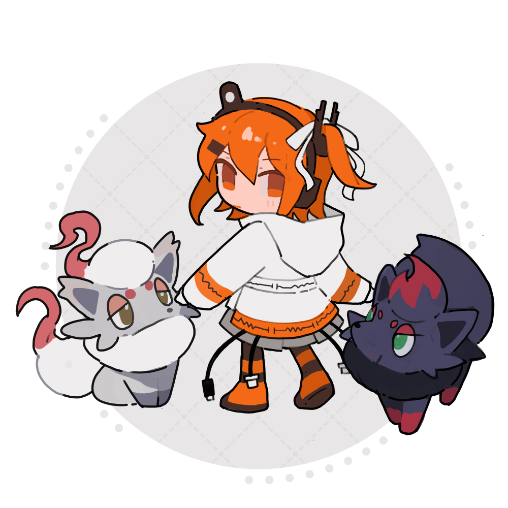 s1ho (ukiy0u0), adachi rei, hisuian zorua, zorua, a.i. voice, nintendo, pokemon, utau, 1girl, cable, gen 5 pokemon, hair ornament, hood, hood down, hooded jacket, jacket, long sleeves, looking at viewer, looking back, medium hair, one side up, orange eyes, orange hair, pokemon (creature), standing, star (symbol), star hair ornament, white jacket