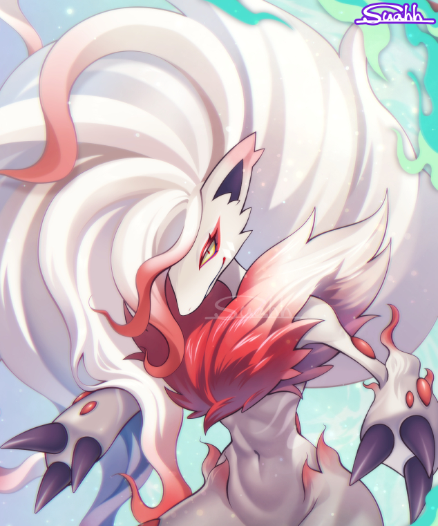 suahh, hisuian zoroark, nintendo, pokemon, artist name, claws, grey fur, looking at viewer, pokemon (creature), red fur, signature, solo, two-tone fur, upper body