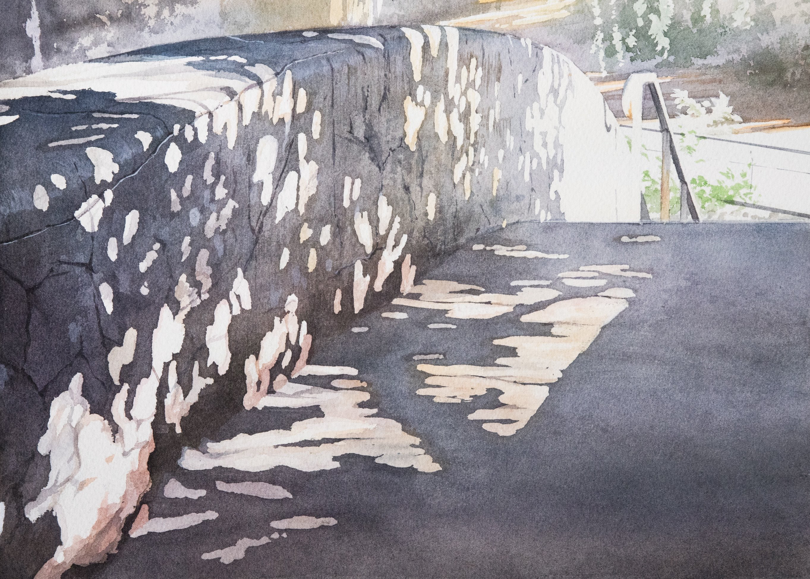 kazuyuki hashimoto, original, highres, painting (medium), traditional media, watercolor (medium), dappled sunlight, landscape, no humans, plant, railing, stone wall, sunlight